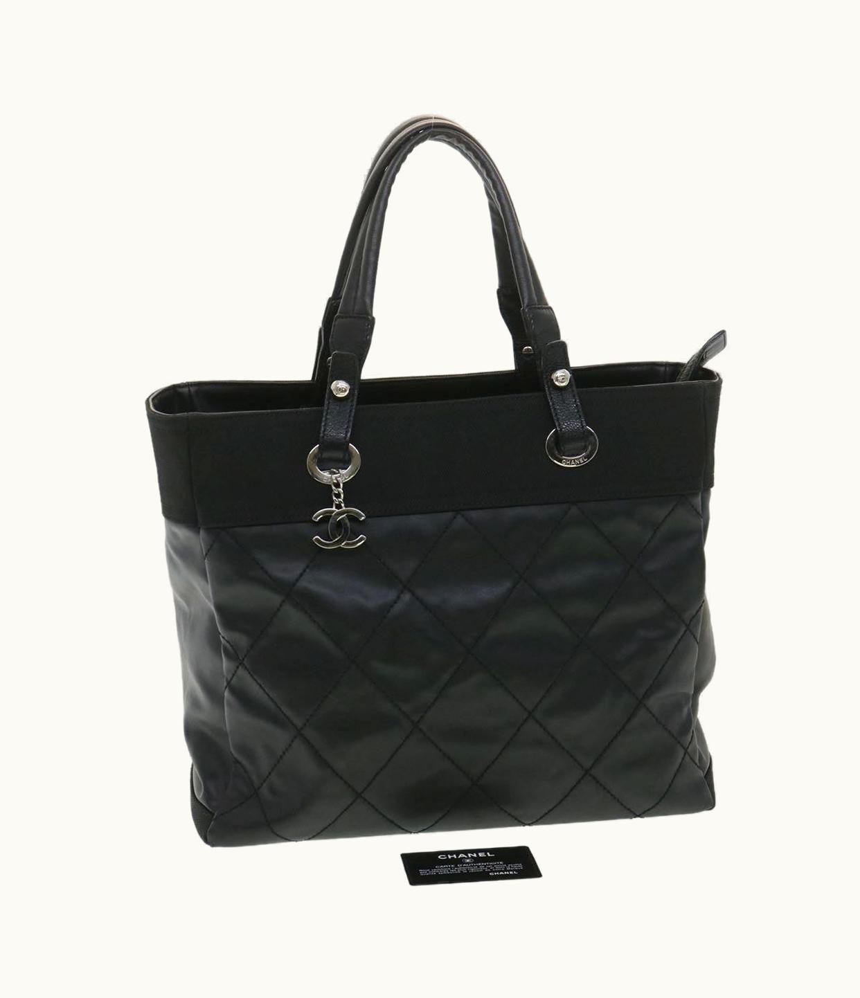 Chanel Chanel Paris Biarritz MM Tote Bag Coated Canvas Black CC