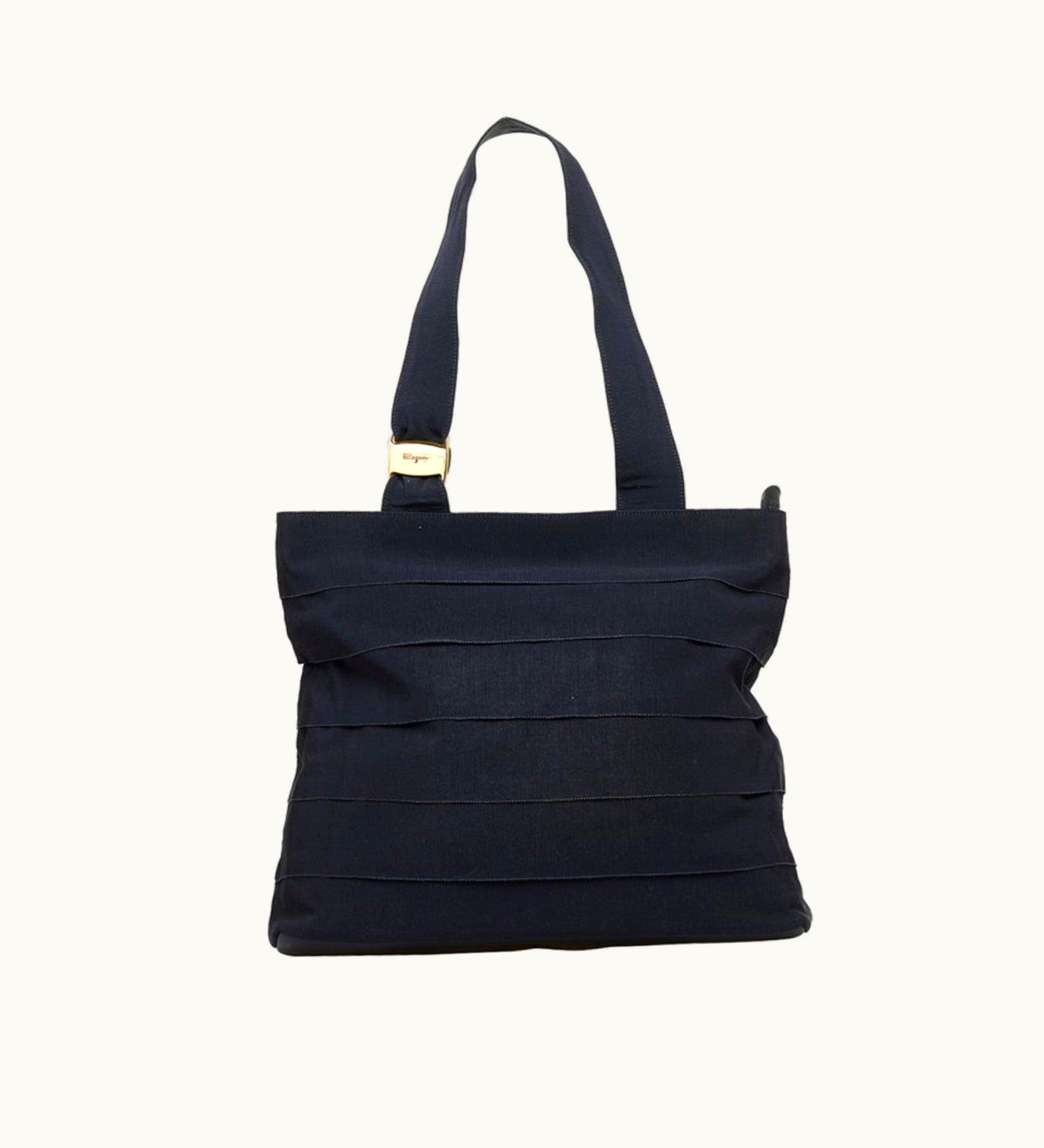 Salvatore Ferragamo Salvatore Ferragamo Vara Hardware Handbag Tote Bag Au-214240 Navy Canvas Leather Ladies