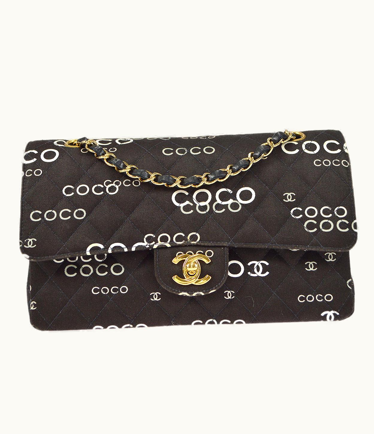 Chanel Chanel 2001-2003 Coco Patterned Classic Double Flap Medium Black Canvas 47523