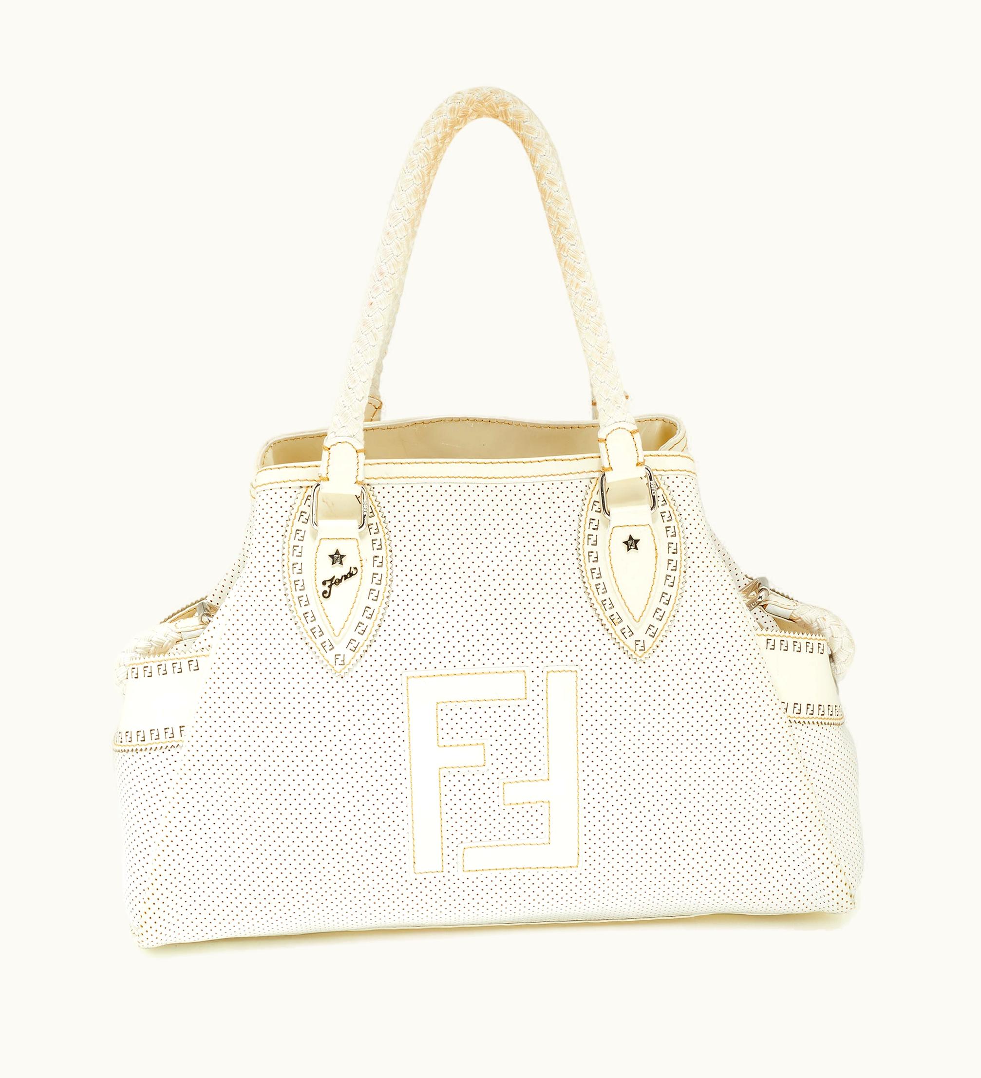 Fendi Fendi Off White Perforated Patent Leather Chef De Jour Bag