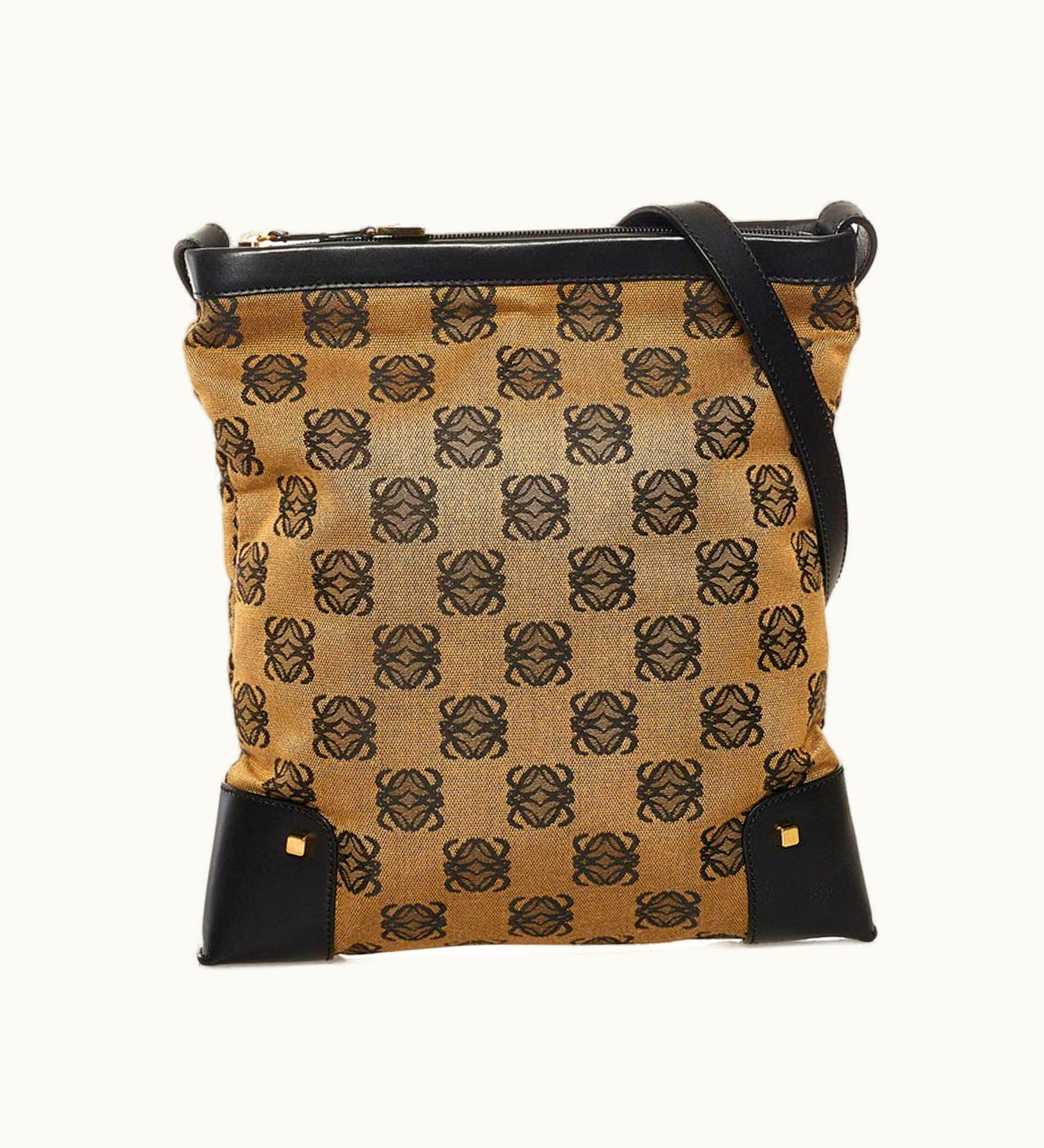 Loewe Loewe Anagram Shoulder Bag Black Beige Canvas Leather Ladies Loewe