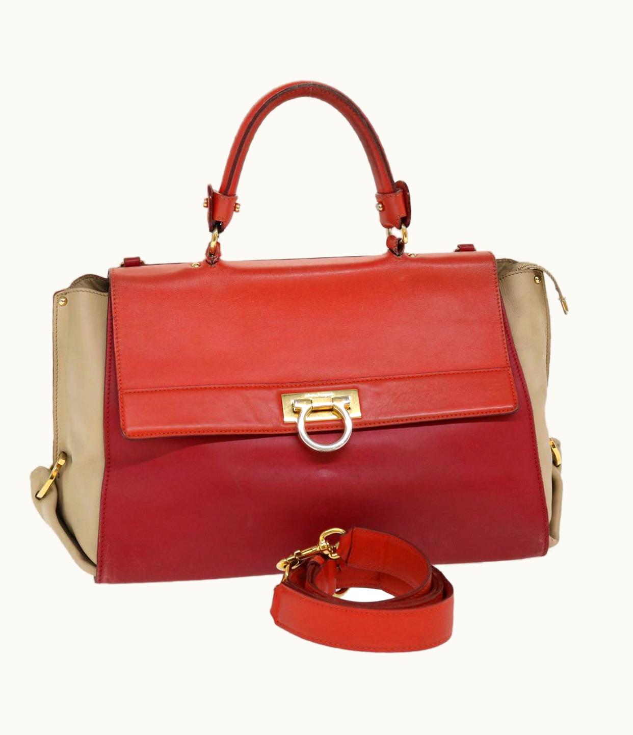 Salvatore Ferragamo Salvatore Ferragamo Sofia Hand Bag Leather 2Way Red Beige
