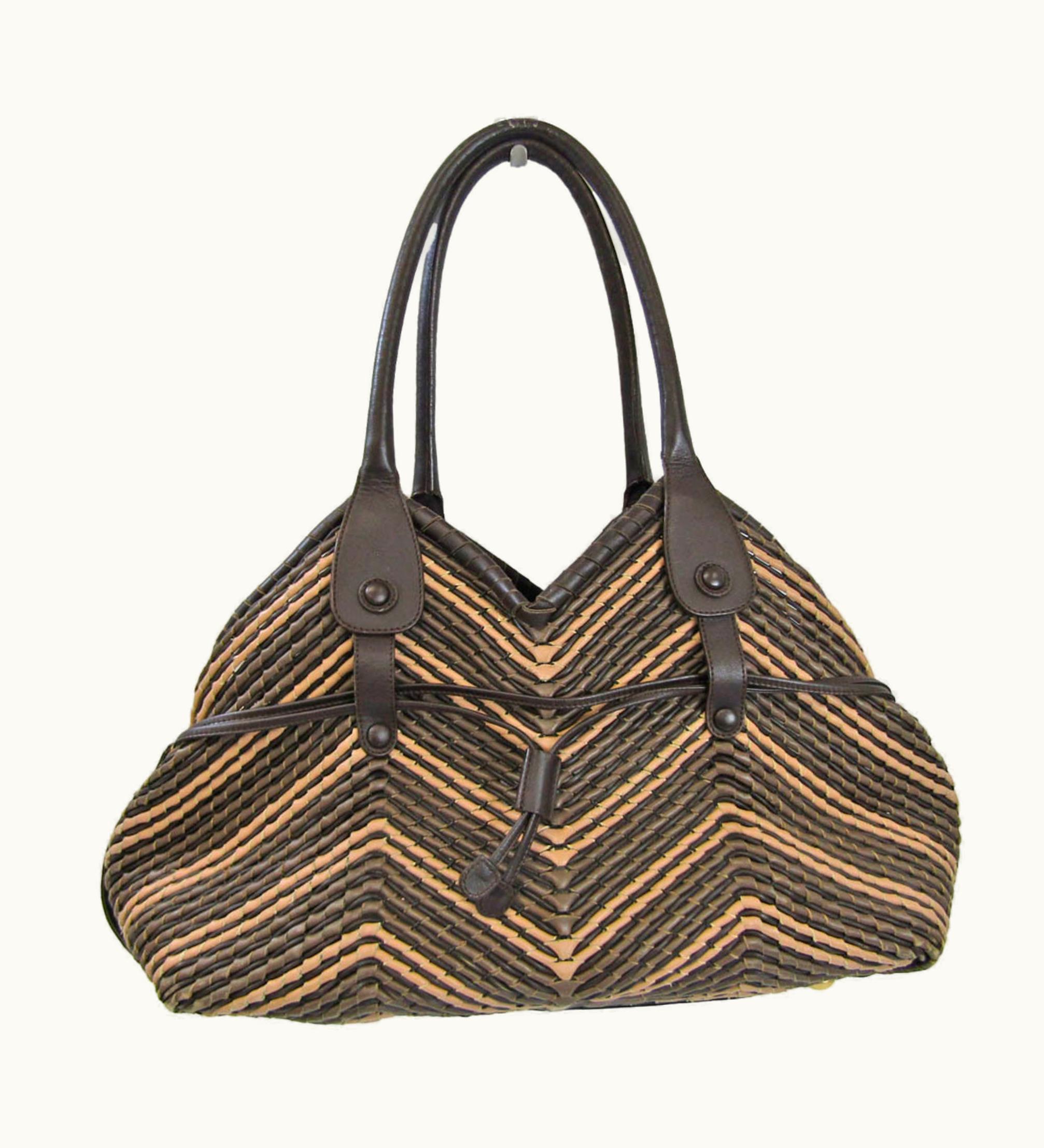 Salvatore Ferragamo Salvatore Ferragamo Woven Dh-21 6804 Women's Leather Tote Bag Dark Brown, Grayish, Pink Beige