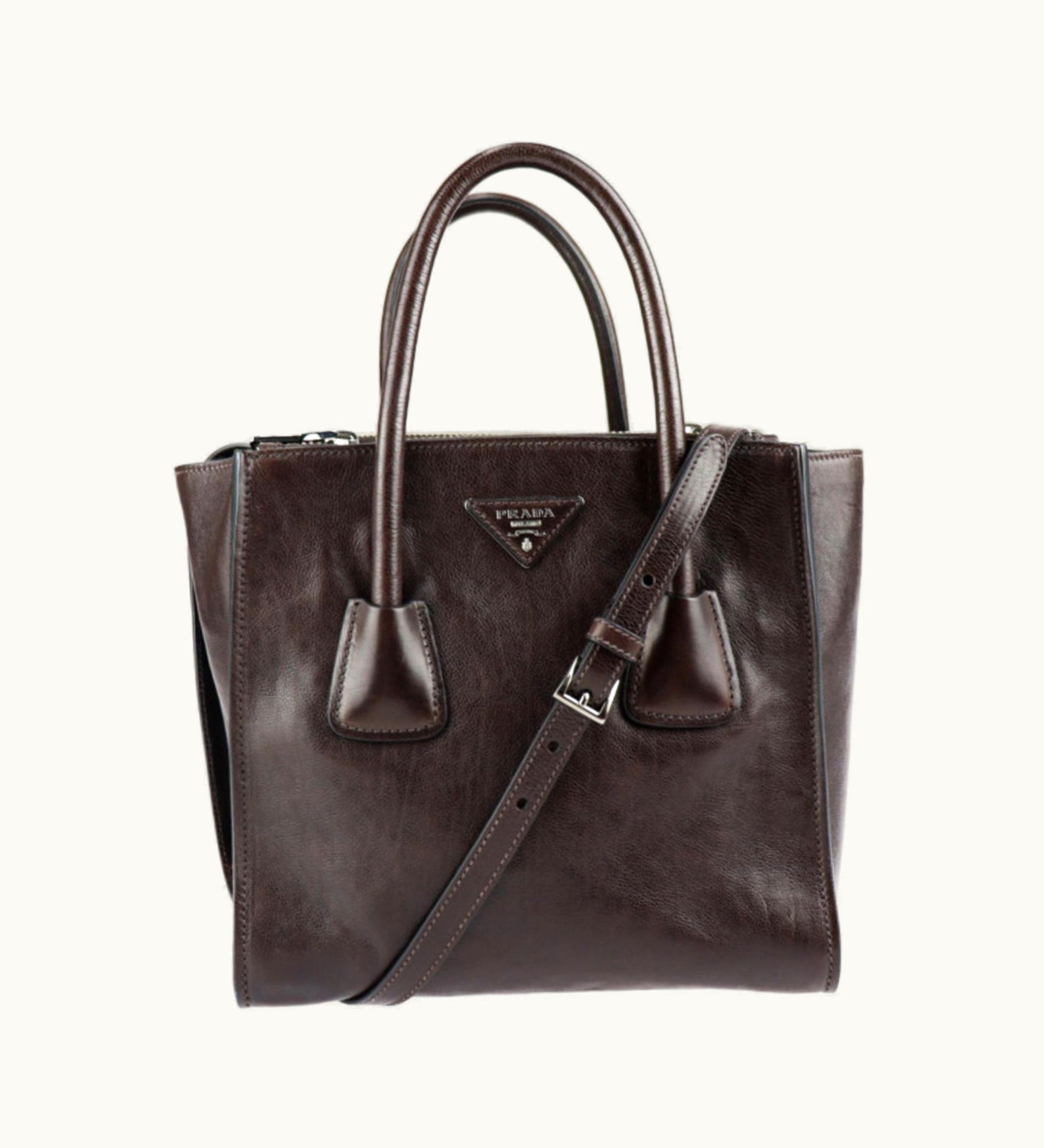 Prada Prada Handbag Bn2625 Gray Scarf Moro Dark Brown Silver Metal Fittings 2Way Shoulder Bag All Leather [The Inside Is Also Made Of Leather For A Luxurious Feel]