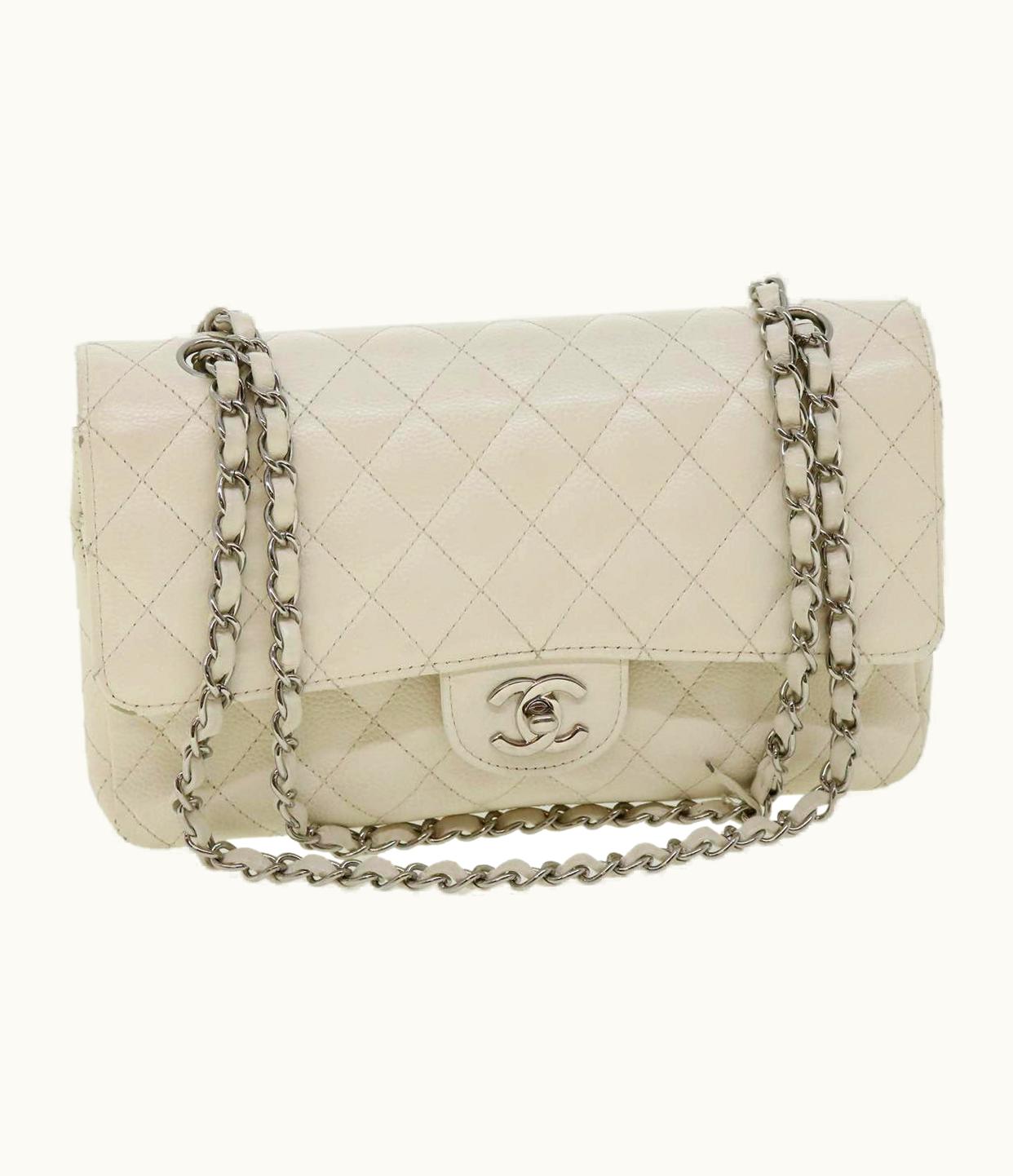 Chanel Chanel Matelasse Double Flap Chain Shoulder Bag Caviar Skin White CC