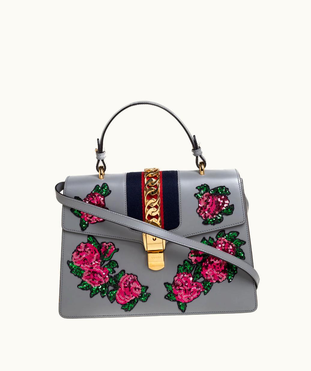 Gucci Gucci Sylvie Sequins Patch Leather Top Handle Bag Grey