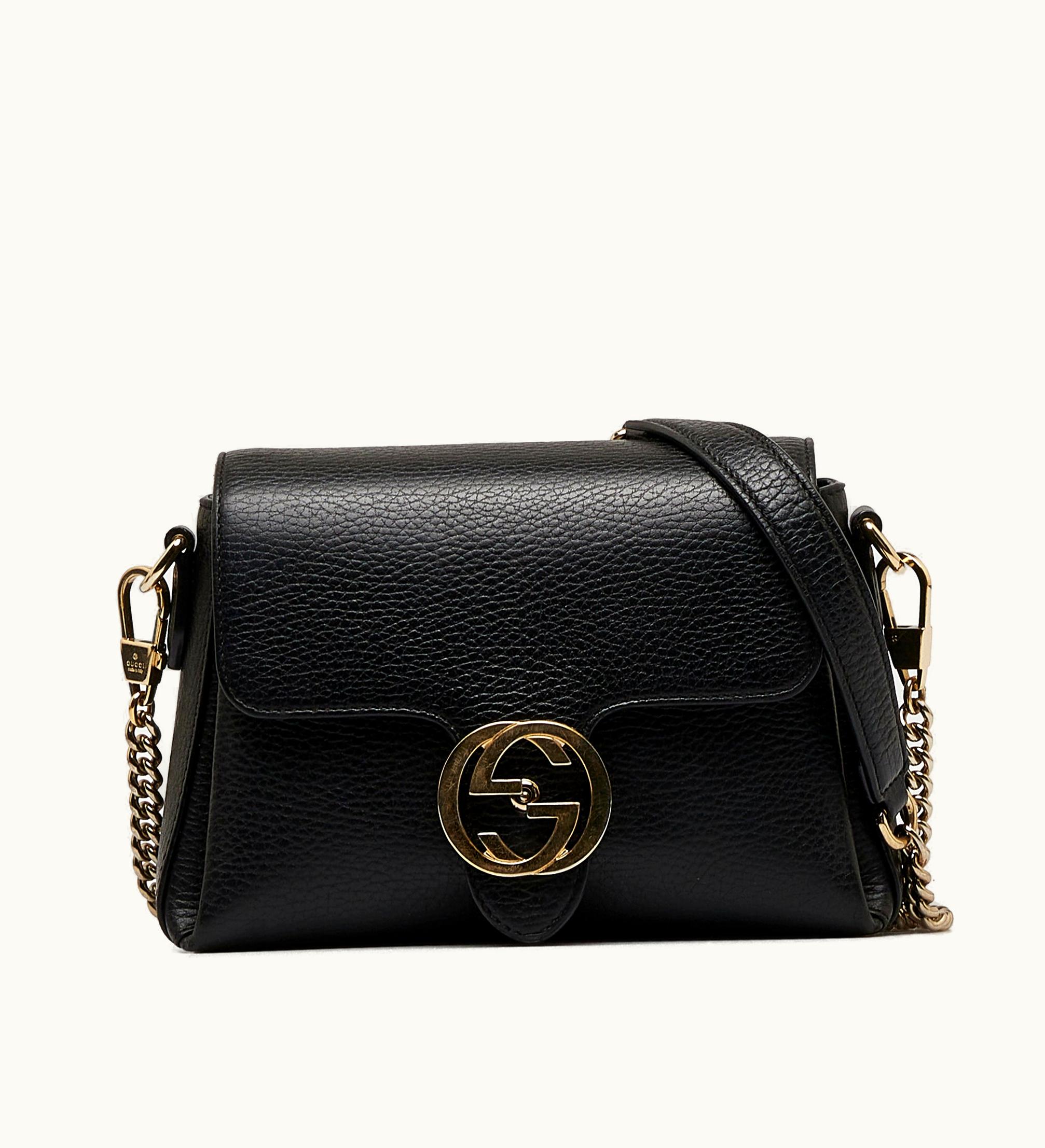 Gucci GUCCI Small Dollar Interlocking G Crossbody Bag Leather Guarded Chain Crossbody Black