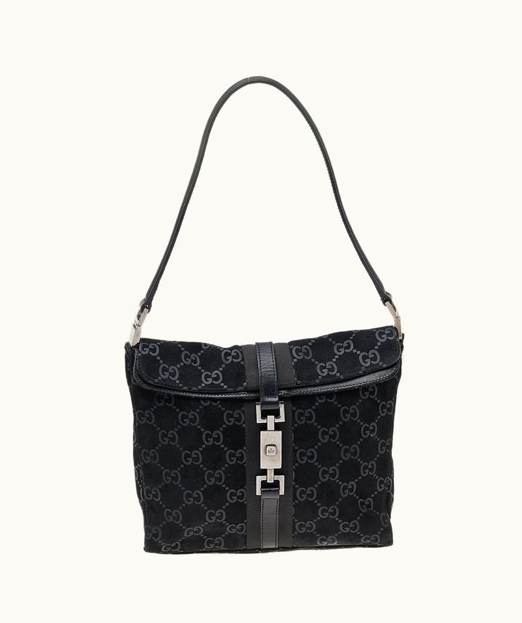 Gucci Gucci Black GG Print Suede And Leather Hobo