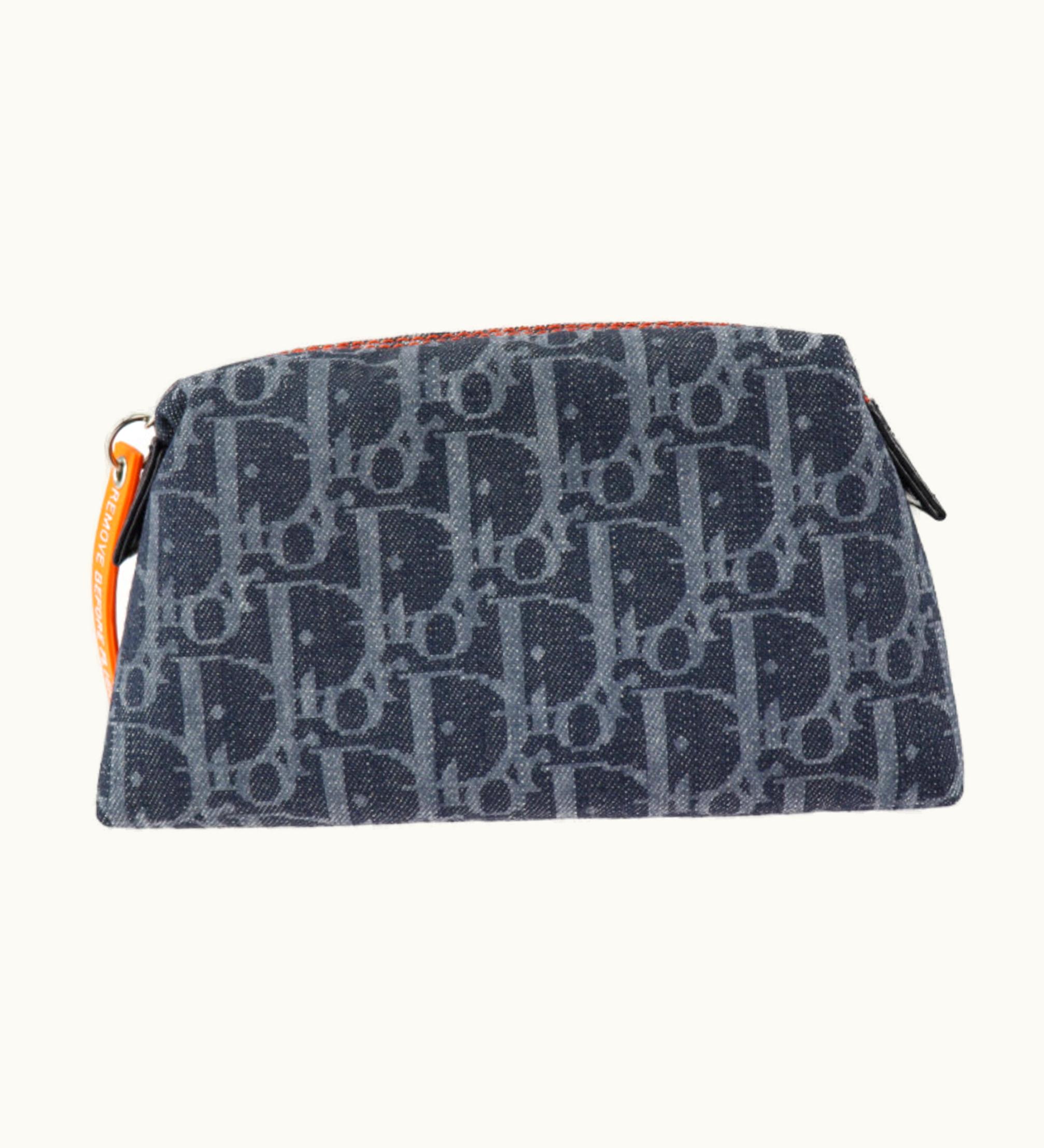 Dior Dior Christian Dior Flight Pouch Denim Leather Navy Orange Silver Hardware Trotter Cosmetic Multi