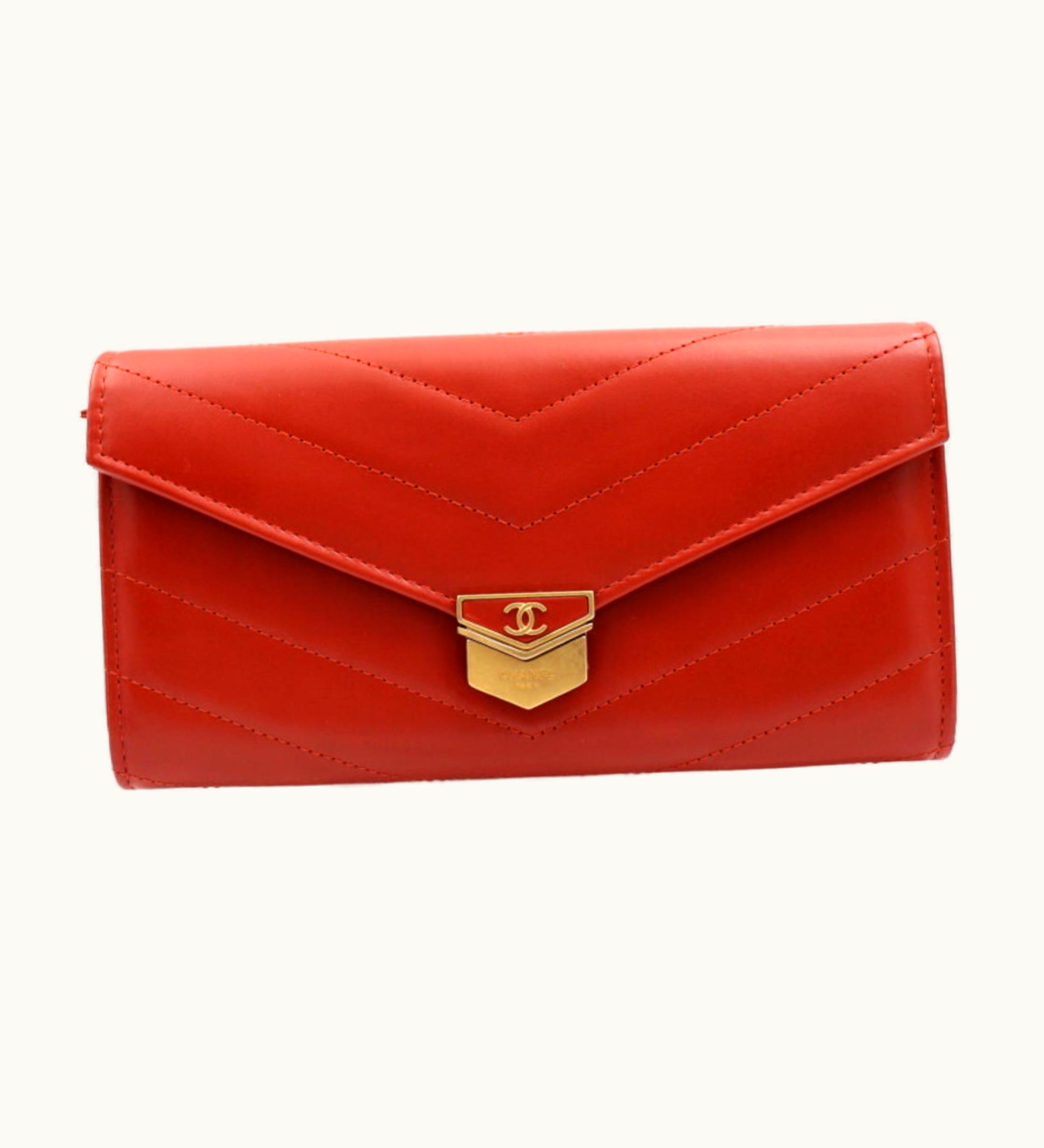Chanel Chanel Chevron Long Wallet A81255 Brick Color Gold Metal Fittings Flap Cover Lid Here Mark