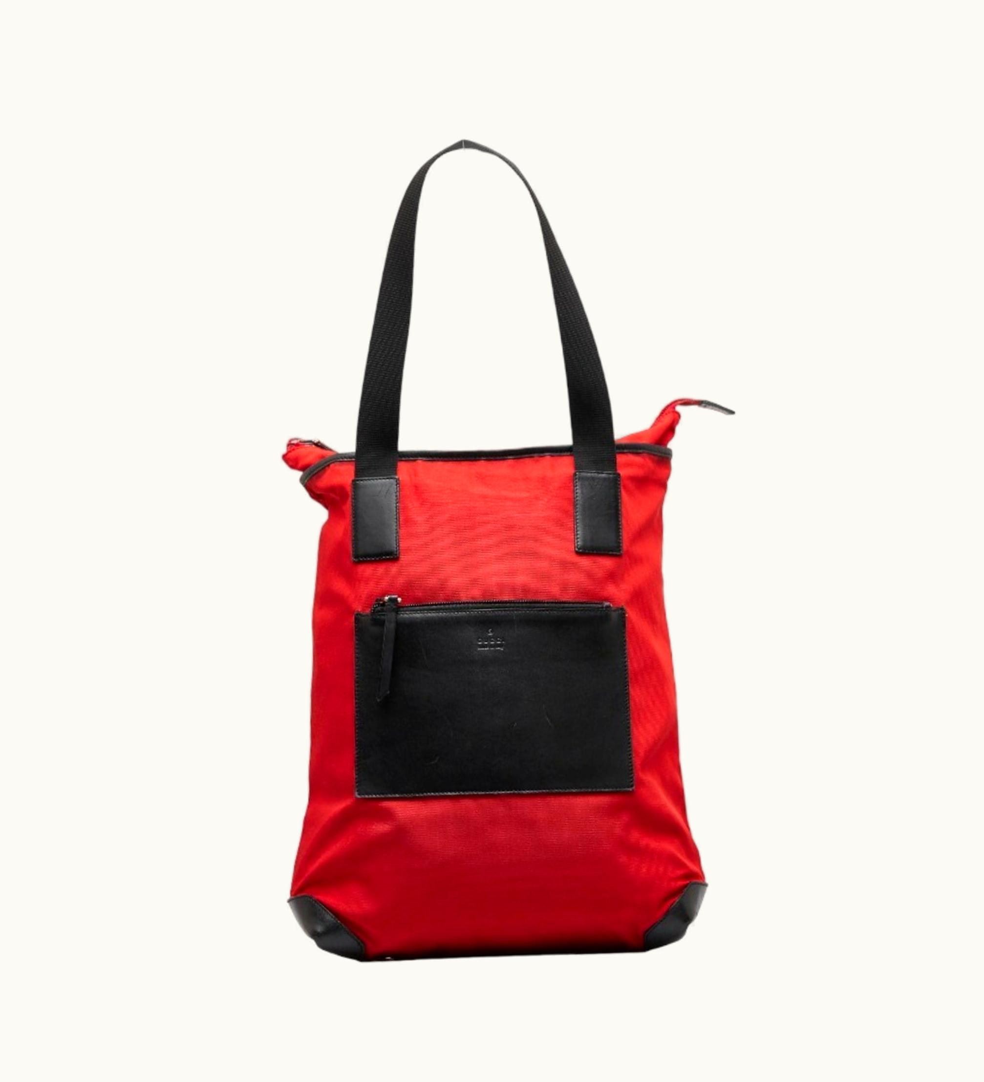 Gucci Gucci Embossed Handbag Tote Bag 019 0401 Red Black Nylon Leather Women's