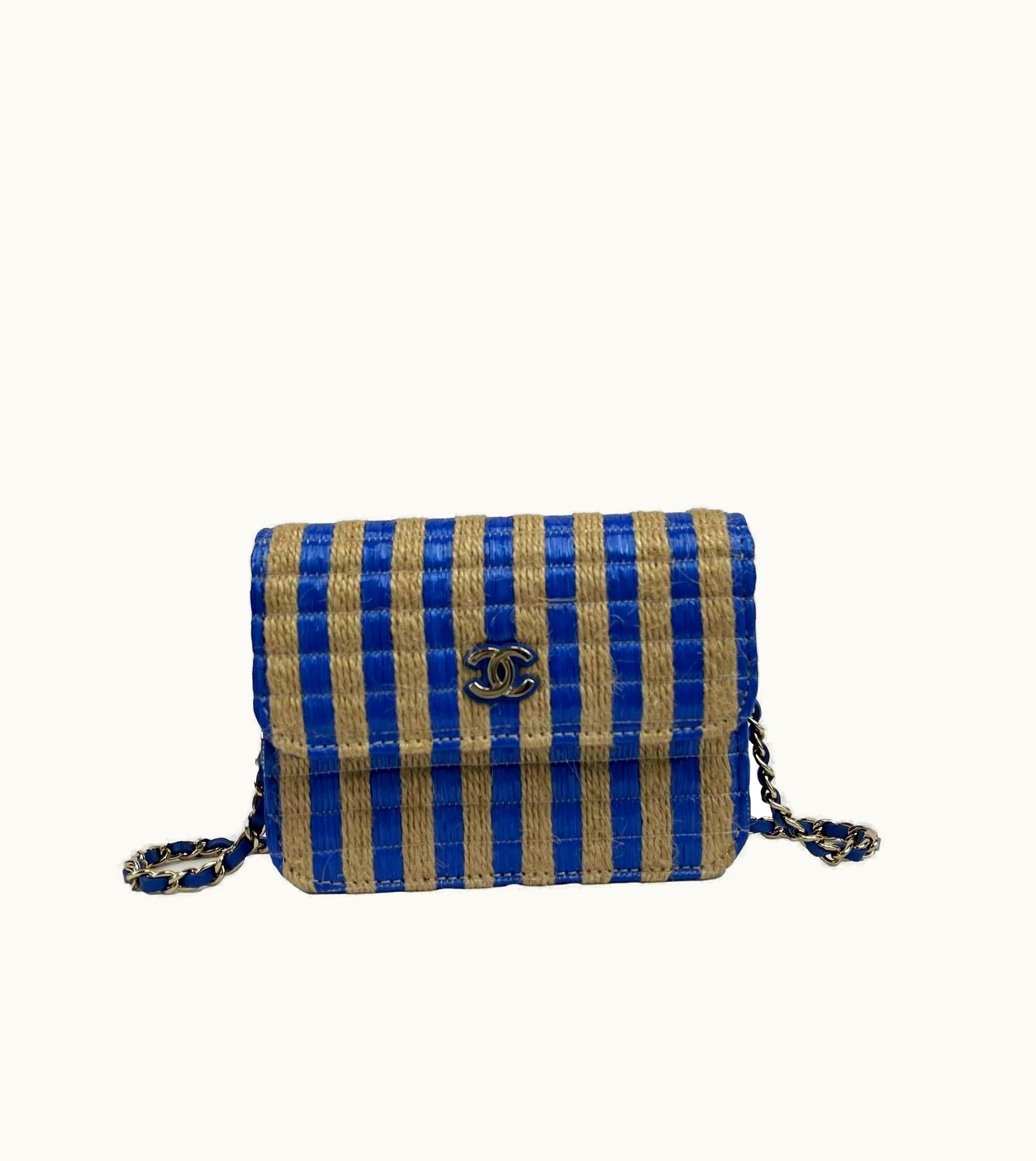 Chanel Chanel - 2021 Raffia Jute Striped Belt Bag - Blue / Beige / Gold Hardware