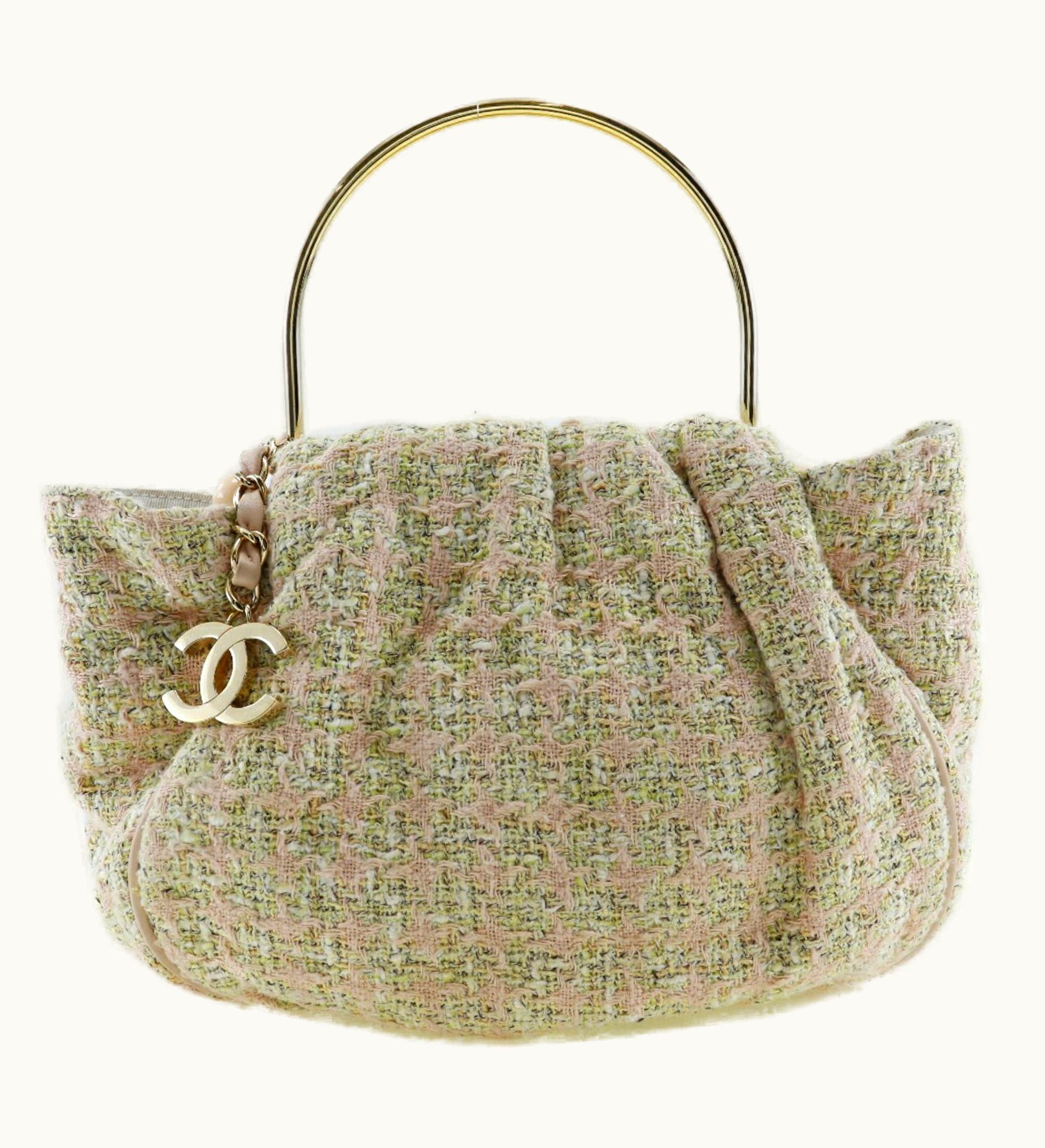 Chanel Chanel Coco Mark Handbag Metal Handle Tweed Made In France Pink Open Ladies