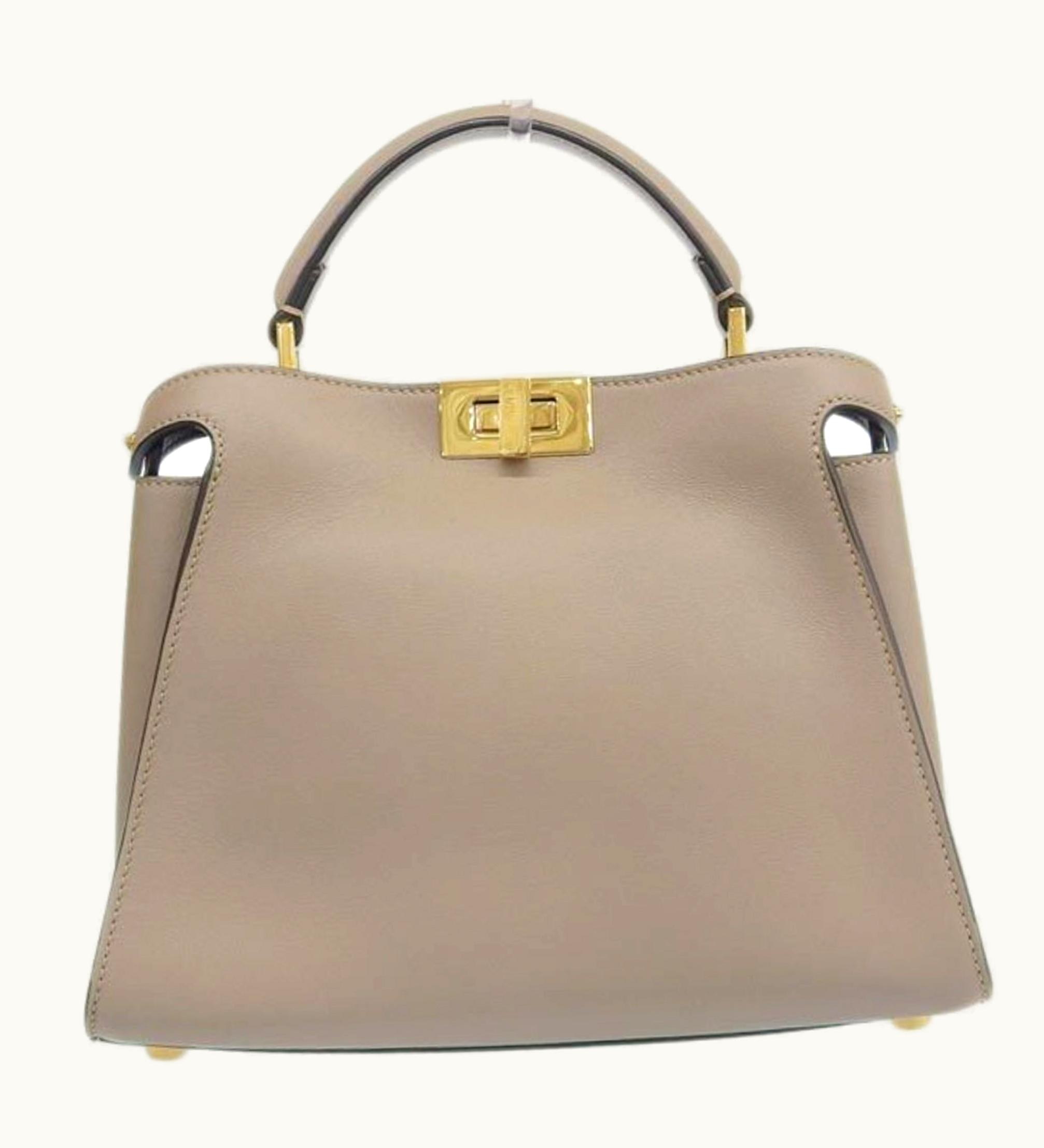 Fendi Fendi Leather Peekaboo Iconic Essential Handbag Greige Women's