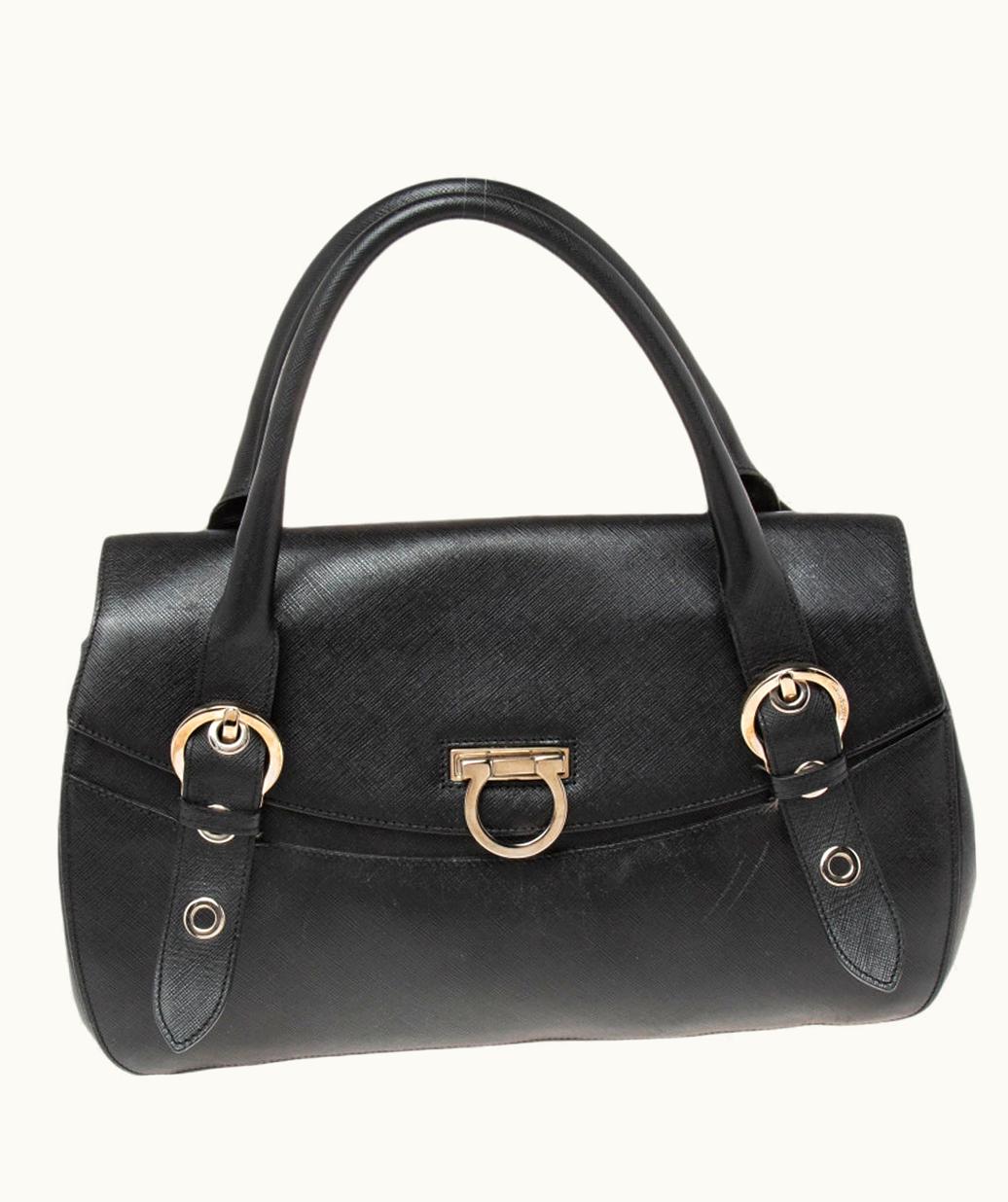 Salvatore Ferragamo Salvatore Ferragamo Black Leather Gancio Flap Satchel
