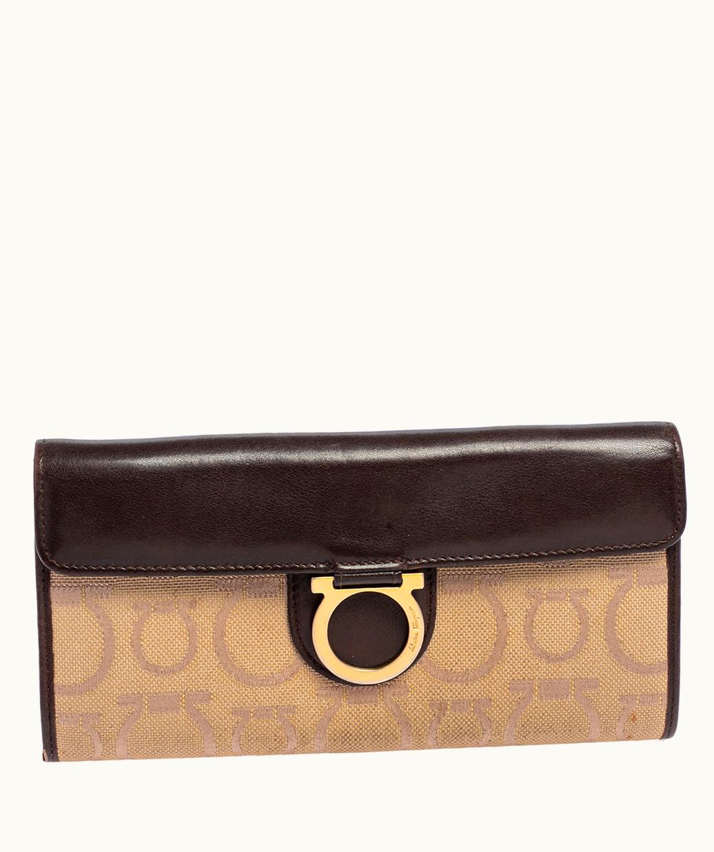 Salvatore Ferragamo Salvatore Ferragamo Beige/Brown Gancini Canvas And Leather Continental Wallet