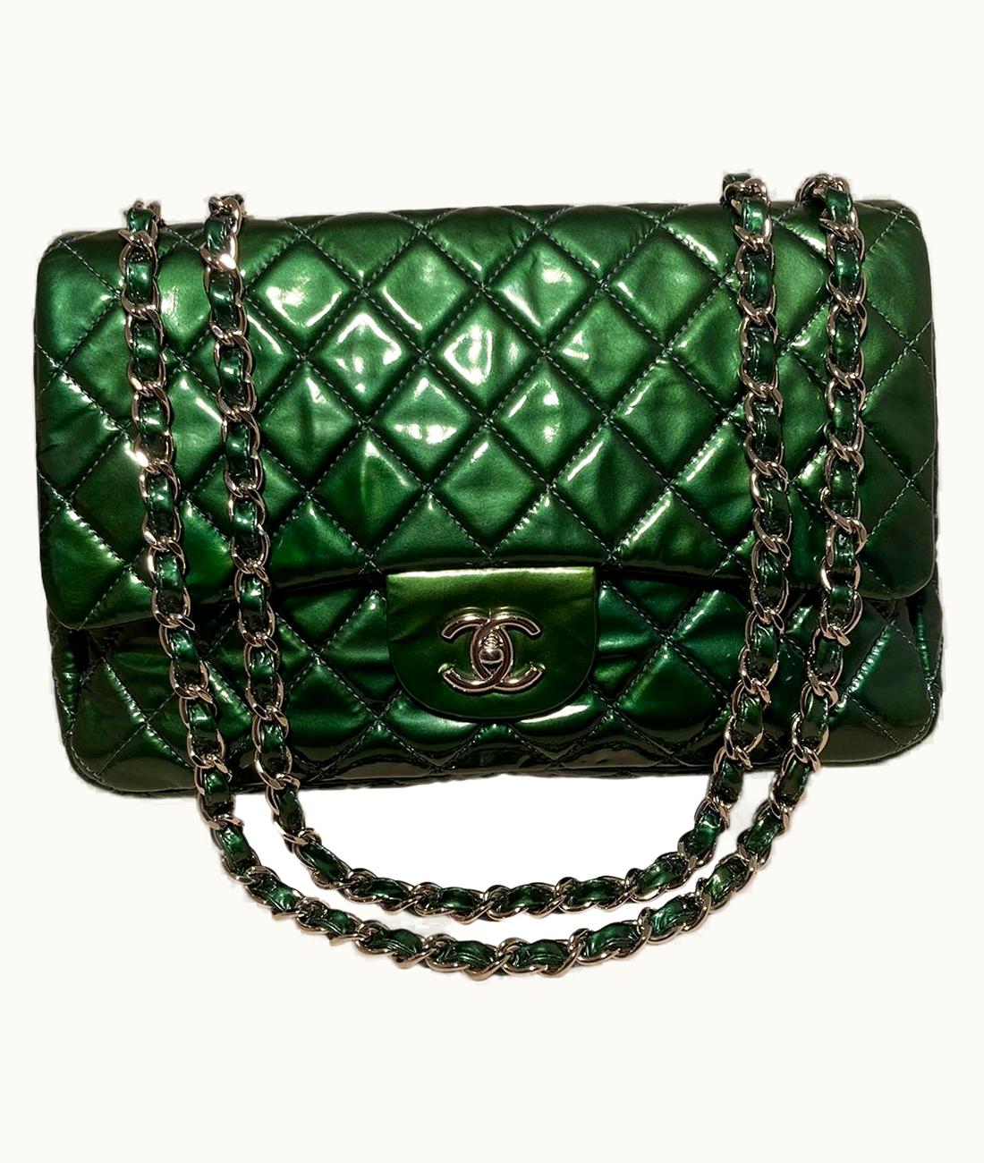Chanel Chanel Rare Metallic Green Patent Leather Jumbo Classic Flap