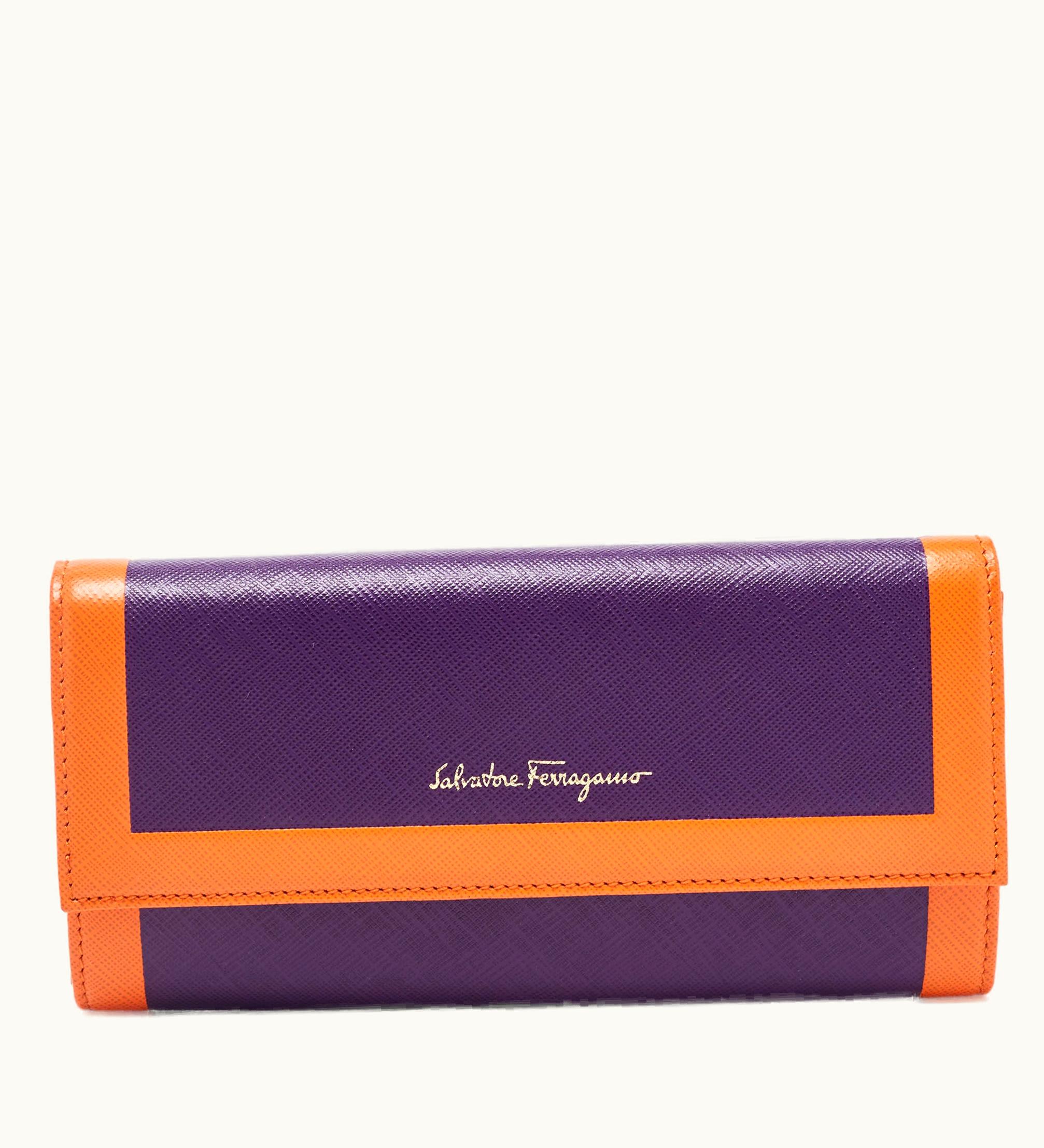 Salvatore Ferragamo Salvatore Ferragamo Purple/Orange Saffiano Leather Flap Continental Wallet