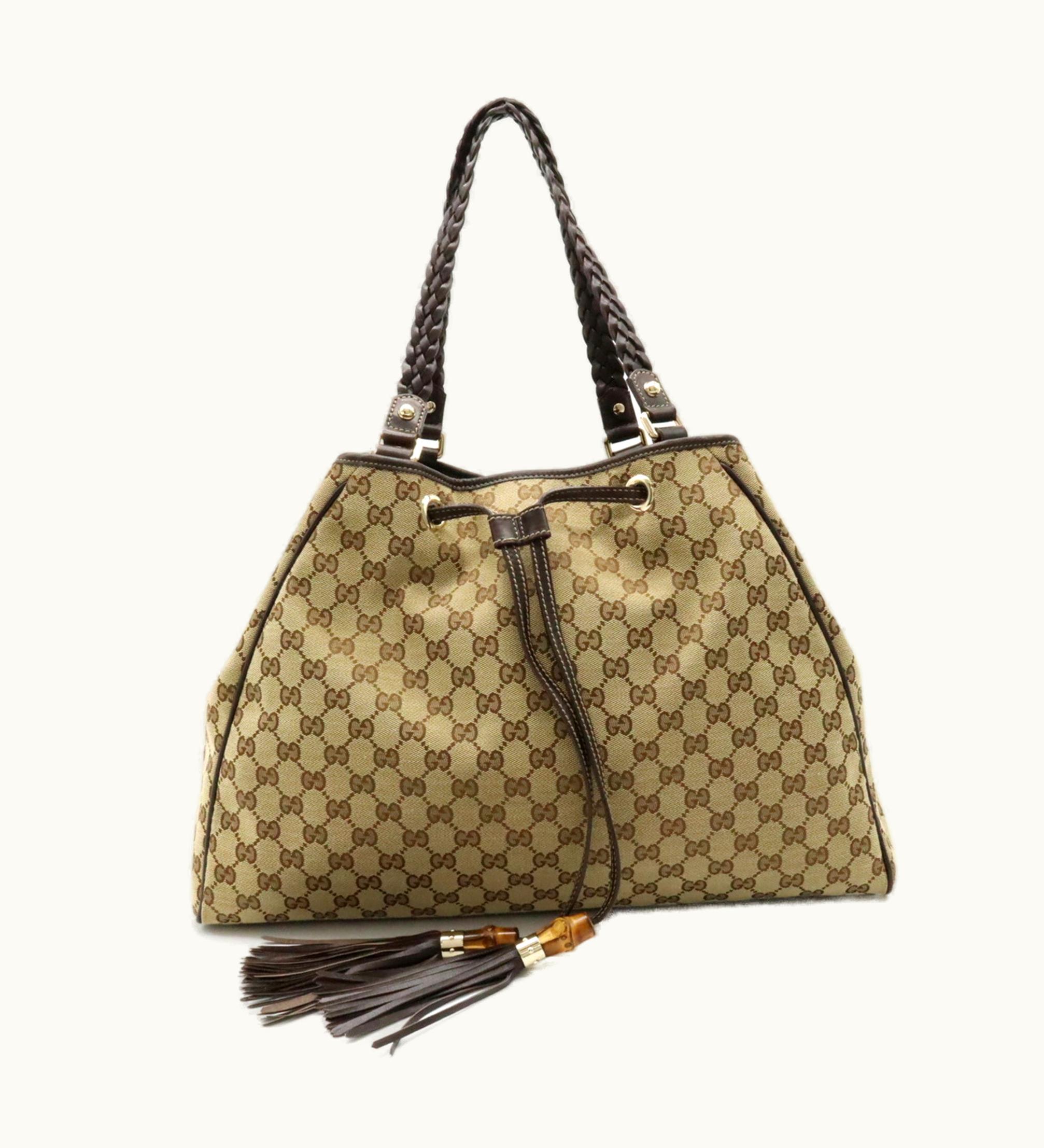 Gucci Gucci GG Canvas Tote Bag Shoulder Tassel Leather Khaki Beige Dark Brown 170206