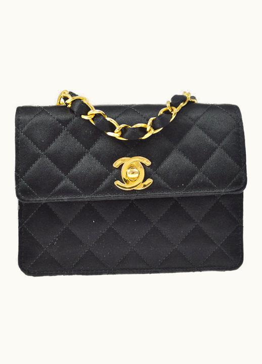 Chanel Chanel 1989-1991 Straight Flap Bag Micro Black Satin Ak31543K
