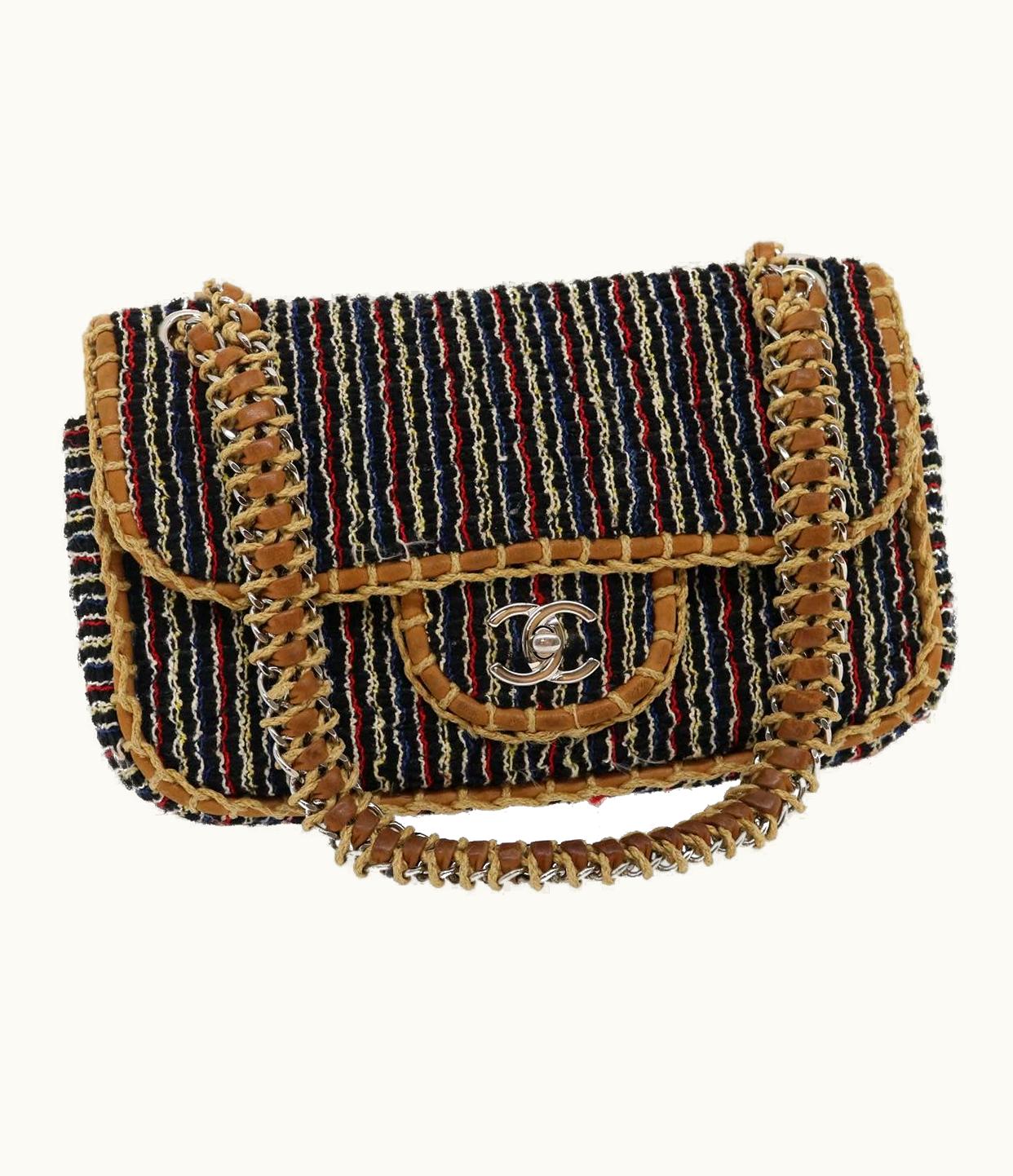 Chanel Chanel Matelasse Tweed Turn Lock Chain Shoulder Bag Navy Brown CC