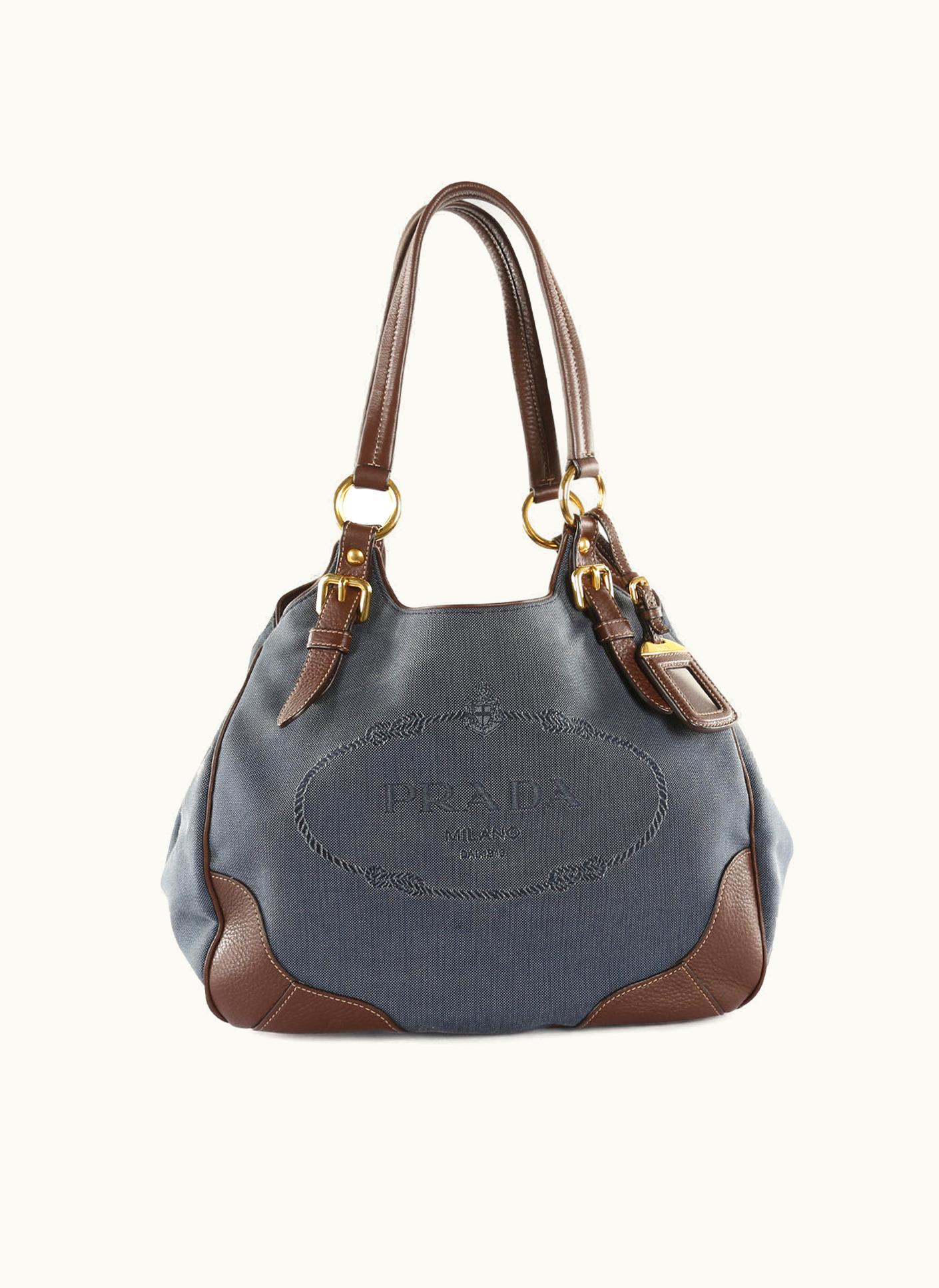 Prada Prada Blue/Brown Jacquard Canvas & Leather Logo Tote Bag