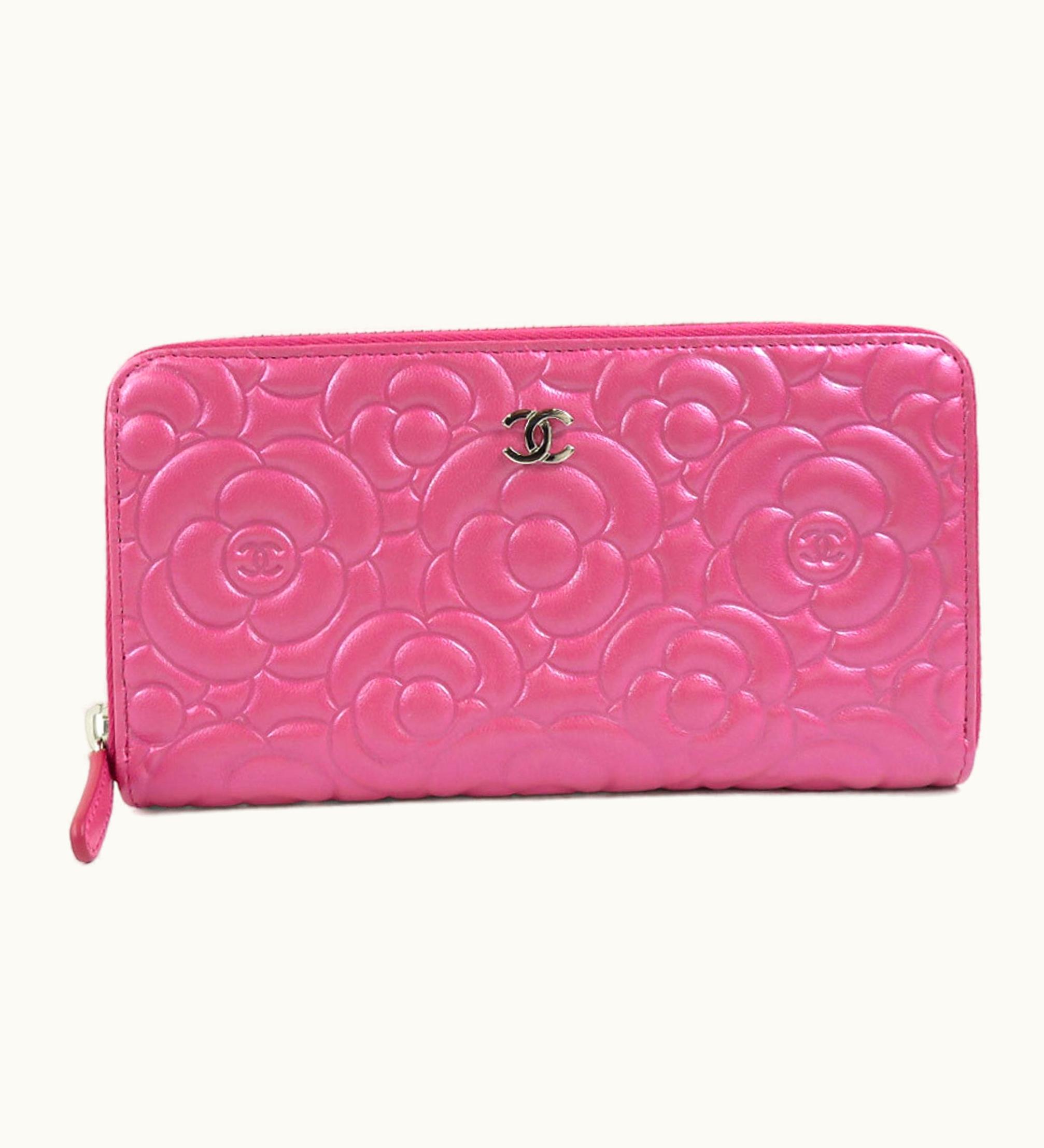 Chanel Chanel Round Zipper Long Wallet Leather Pink Women's