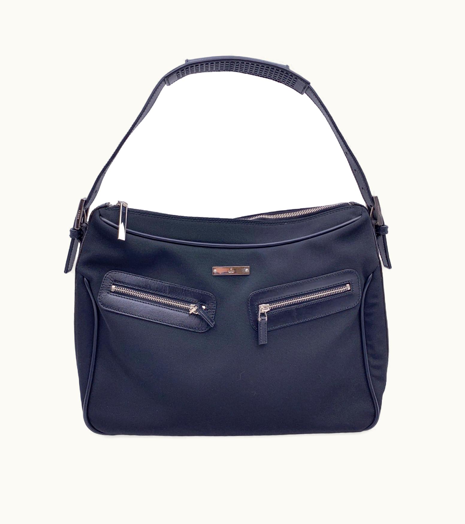 Gucci Gucci Black Nylon Canvas Double Pockets Large Shoulder Bag