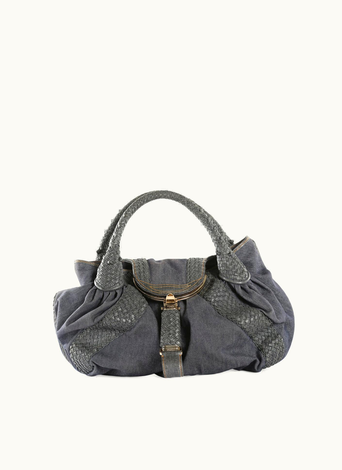 Fendi Fendi Blue Denim & Lattice Woven Leather Handles Spy Bag