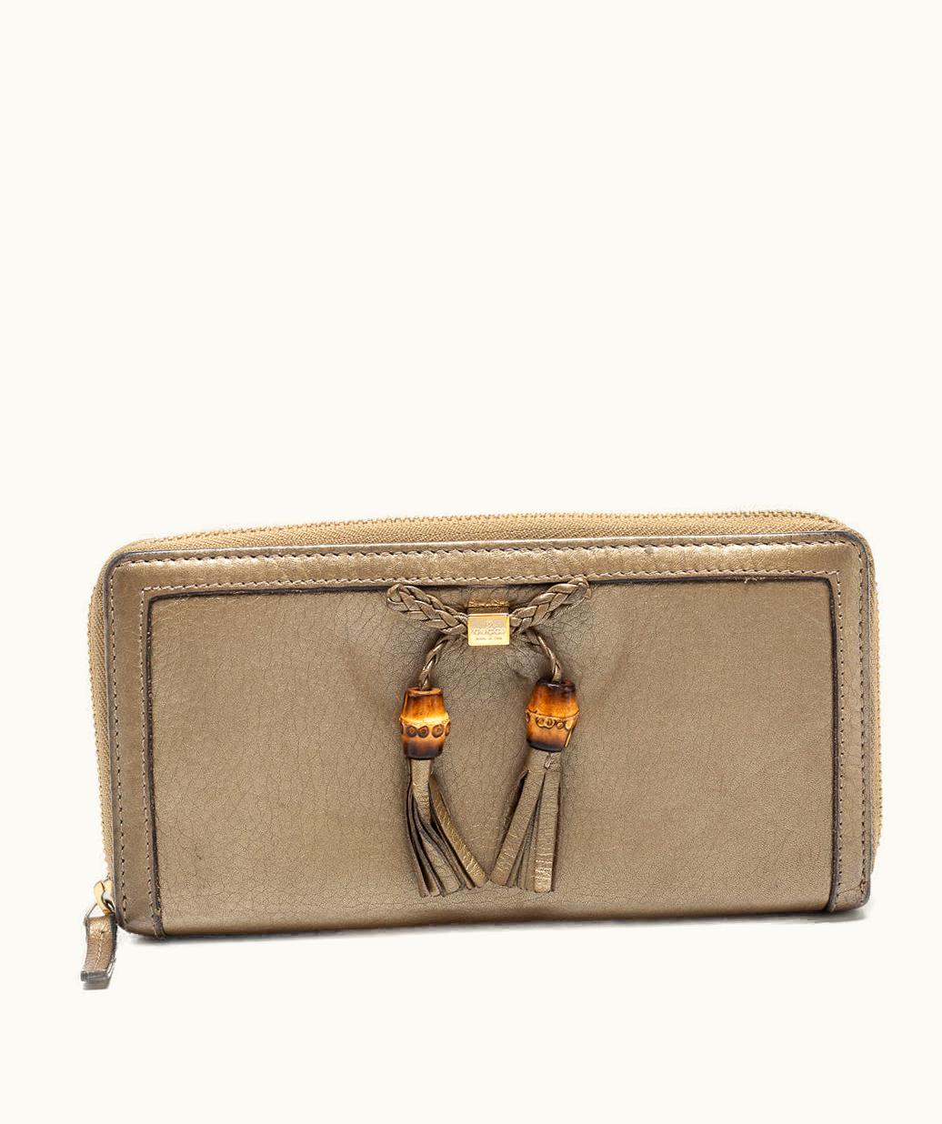 Gucci Gucci Gold Leather Bamboo Tassel Bow Zip Around Wallet