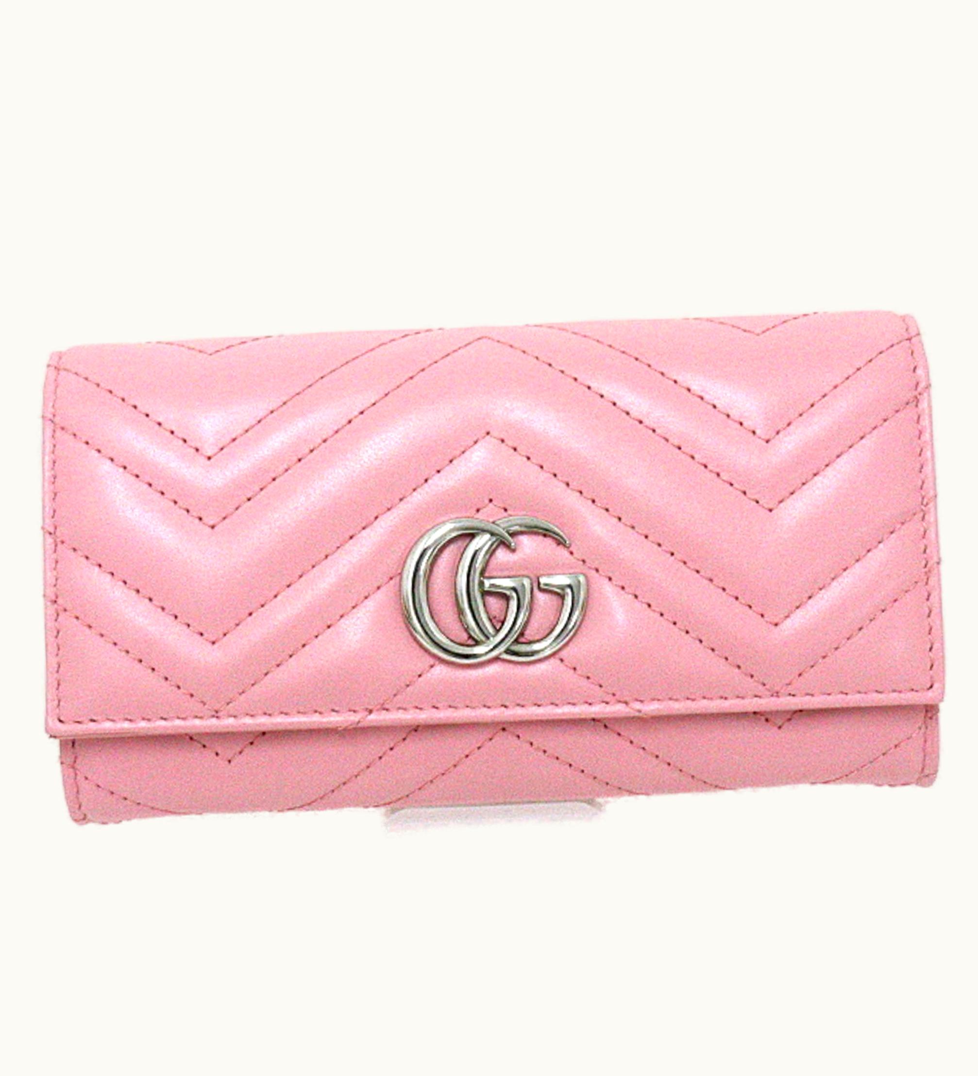 Gucci Gucci GG Marmont Continental Wallet Bifold Long Double G Chevron Quilted Leather 443436 Pink Silver Hardware