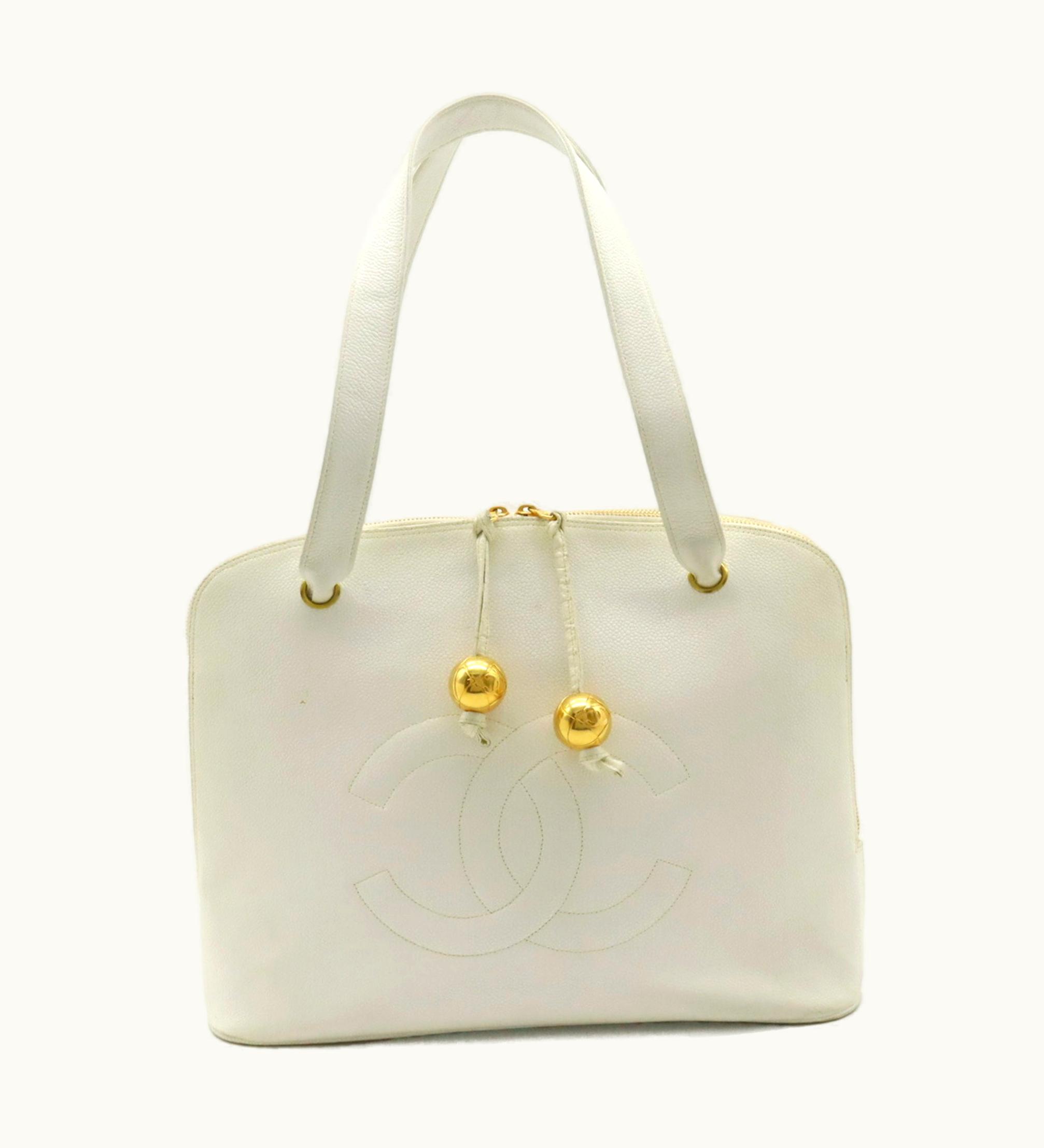 Chanel Chanel Coco Ball Mark Tote Bag Shoulder Caviar Skin Leather White