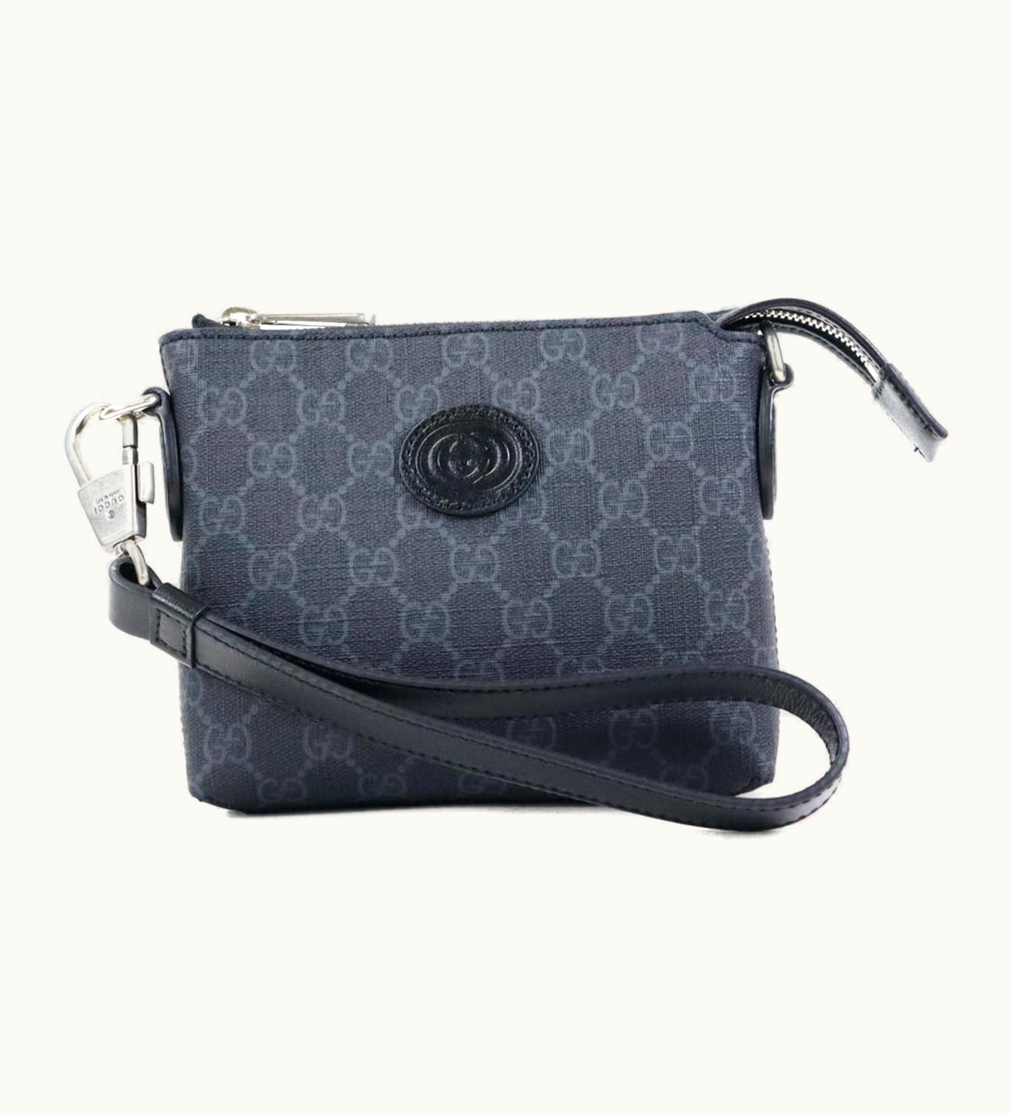Gucci Gucci Crossbody Shoulder Bag Pouch Interlocking G GG Supreme Canvas Dark Gray Men's 723306