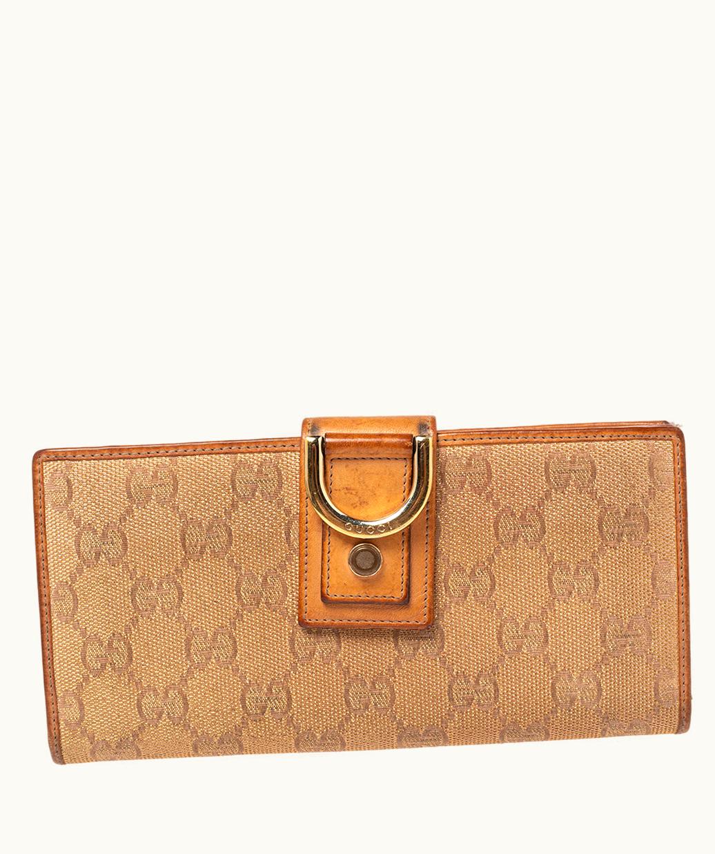 Gucci Gucci Metallic Beige GG Canvas And Leather D Ring Continental Wallet