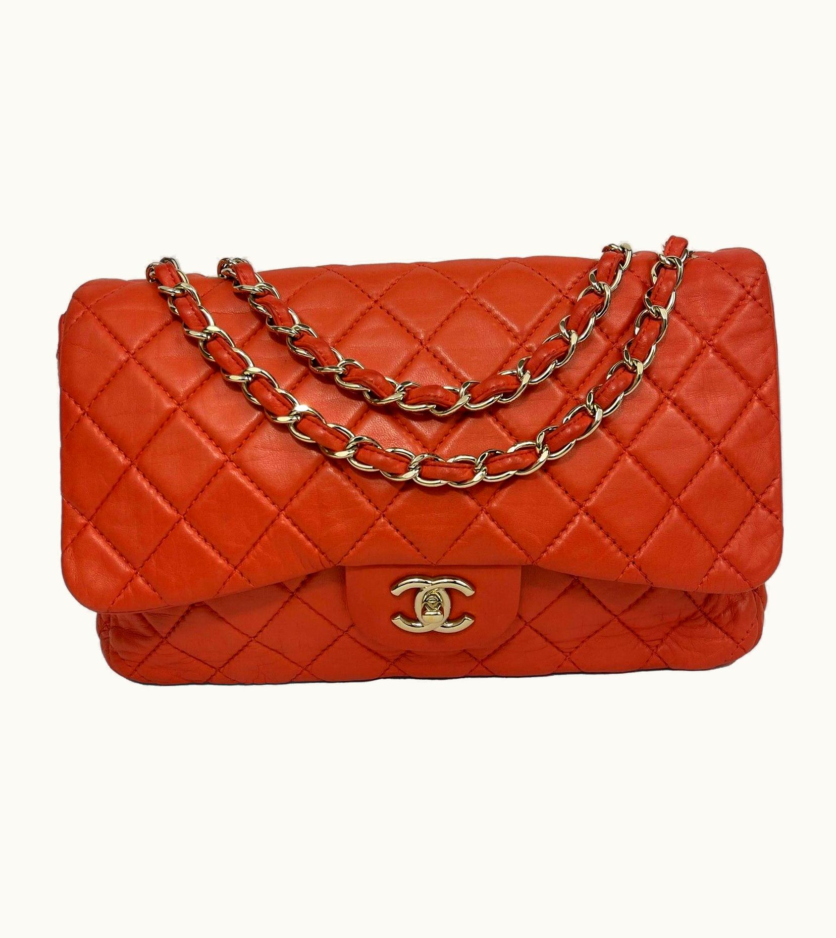Chanel Chanel - Classic Single Flap Jumbo Quilted Lambskin - Champagne Gold Red Handbag