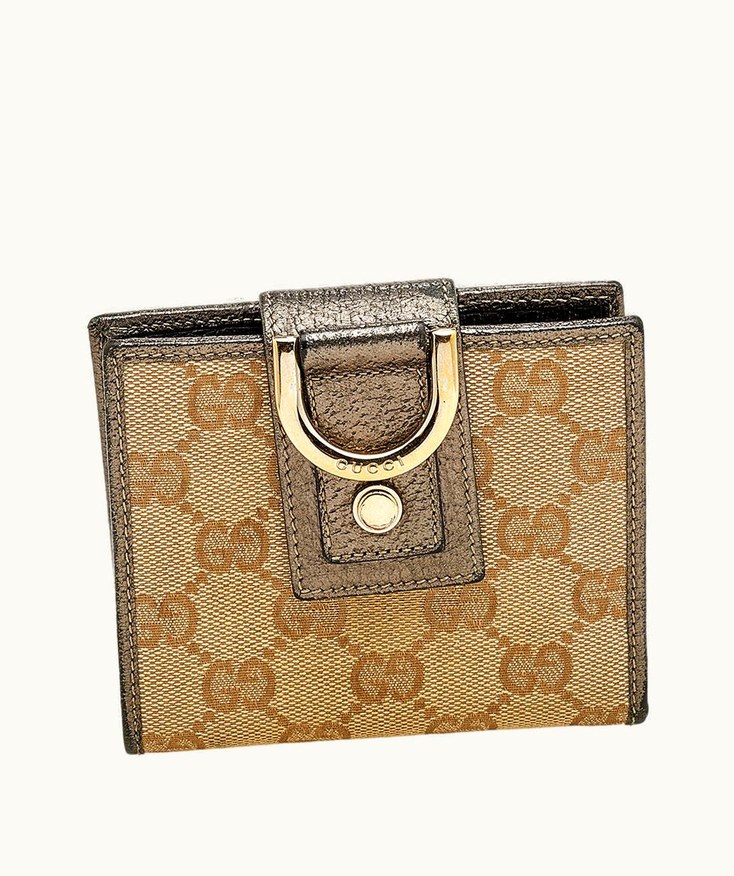 Gucci Gucci Beige/Pewter GG Canvas And Leather D Ring Compact Wallet