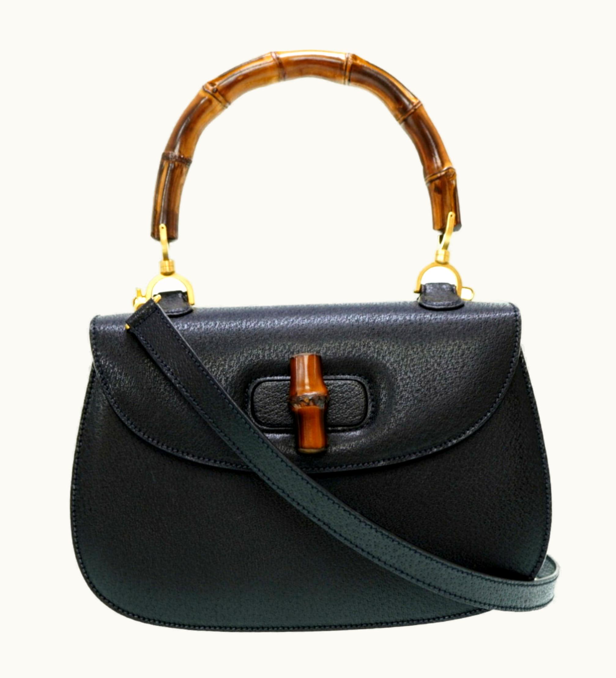 Gucci Gucci Bamboo Leather Shoulder Hand Bag Black With Strap