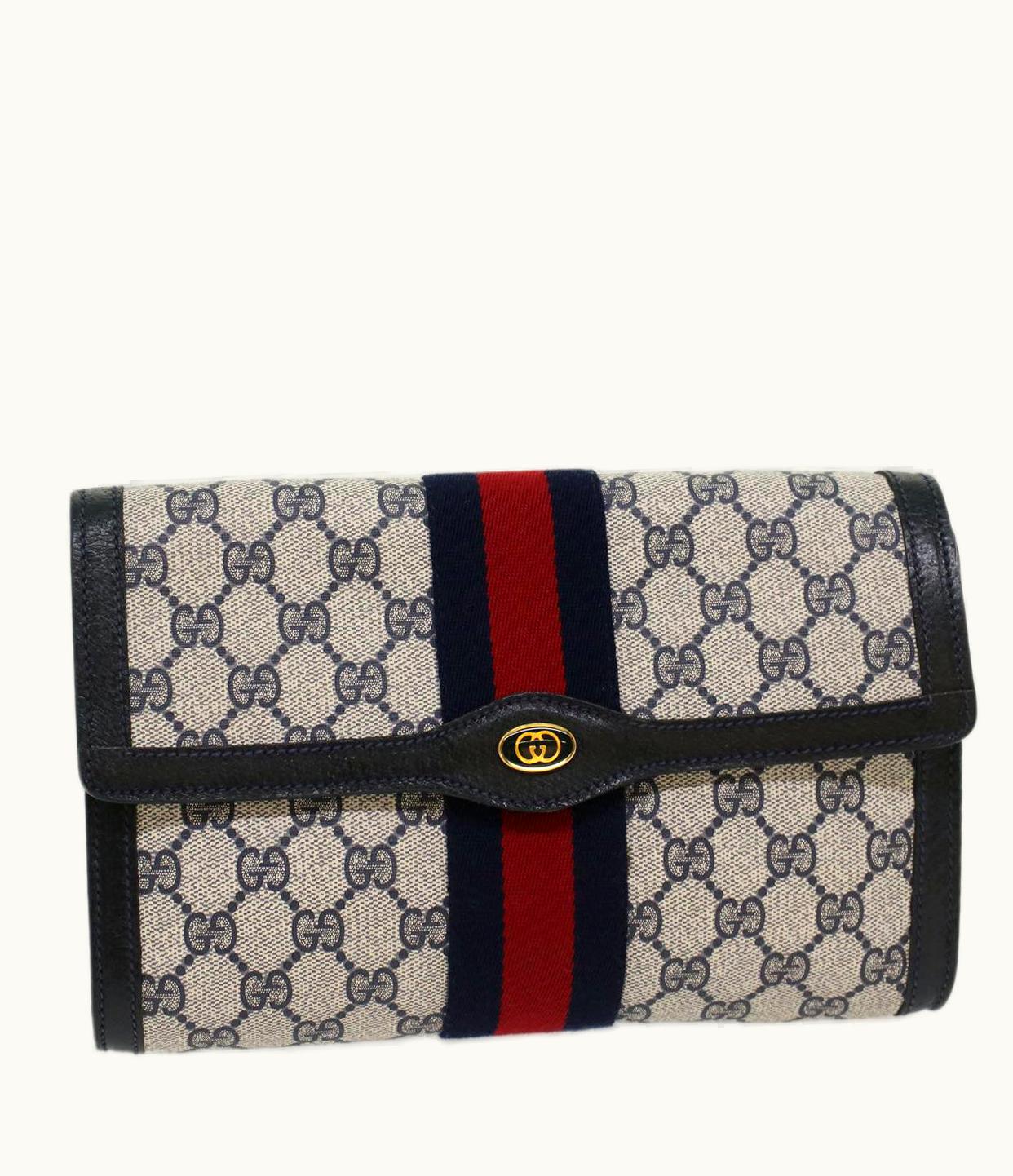 Gucci Gucci GG Canvas Sherry Line Clutch Bag Gray Red Navy 8901006