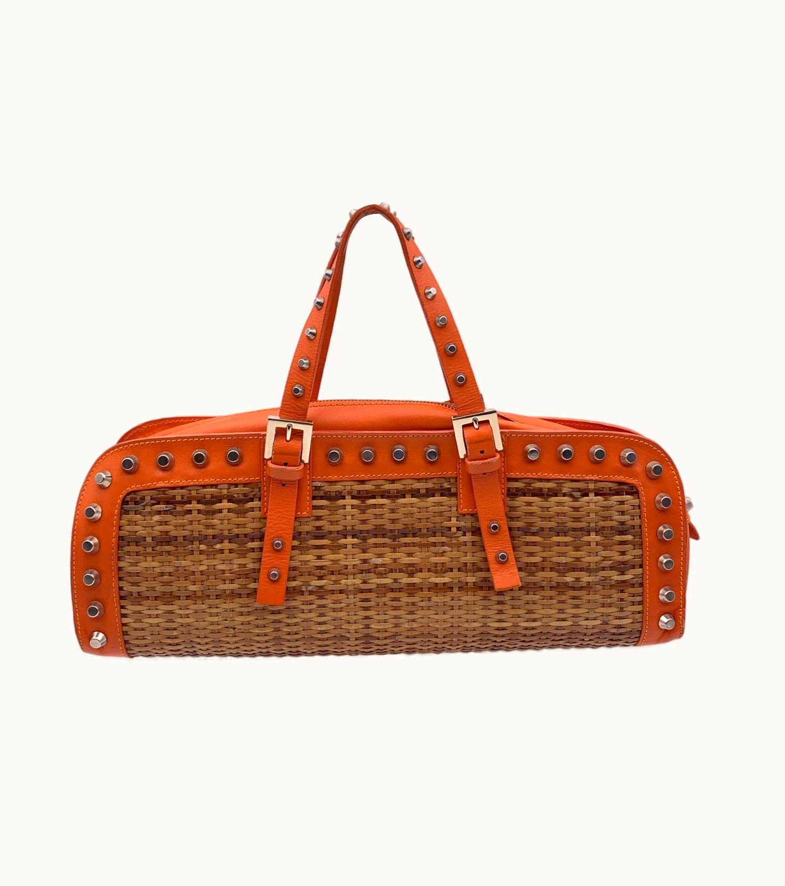 Fendi Fendi Wicker And Orange Leather Studded Tote Handbag Satchel