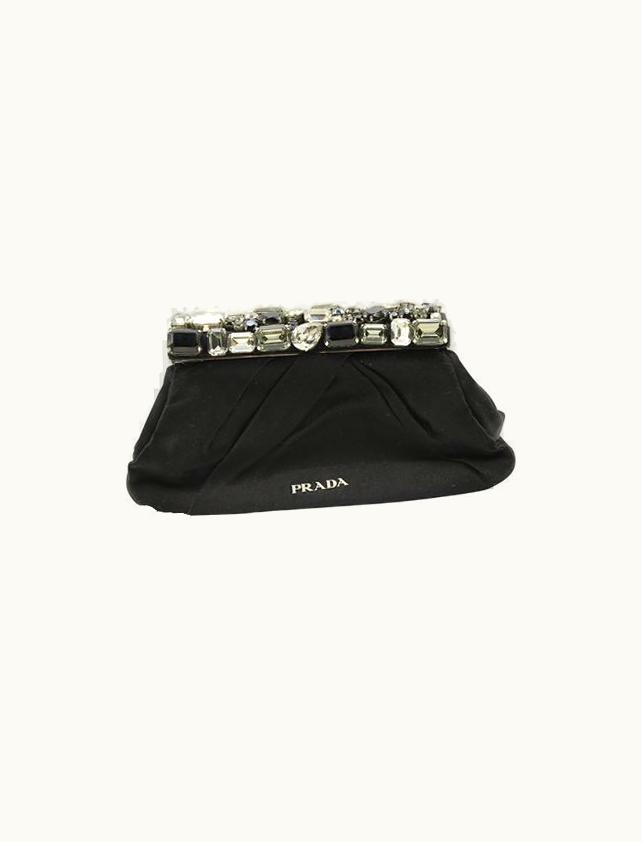 Prada Prada Black Satin Pochette/ Clutch With Crystal Embellishments