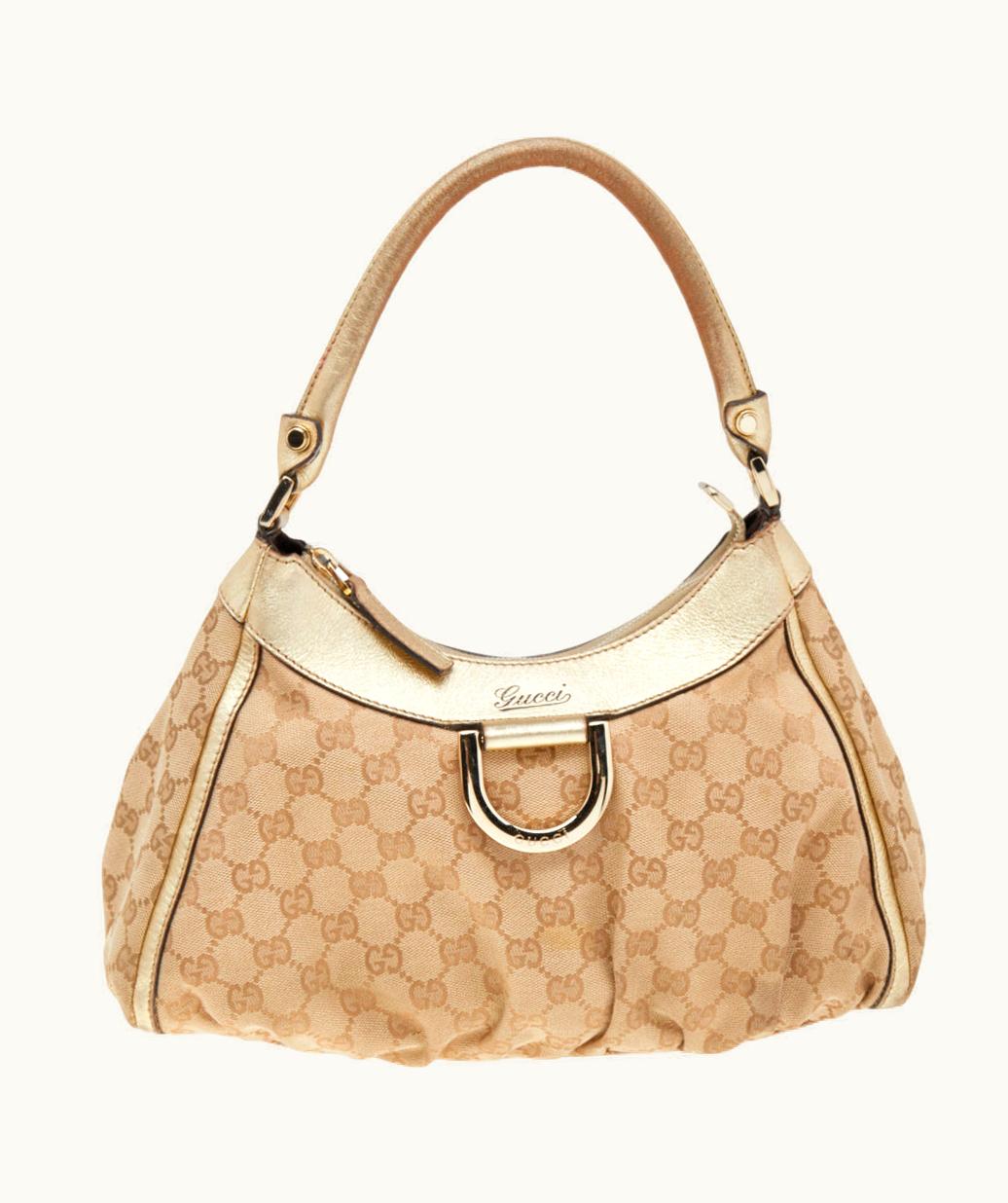 Gucci Gucci Beige/Gold GG Canvas And Leather D Ring Hobo