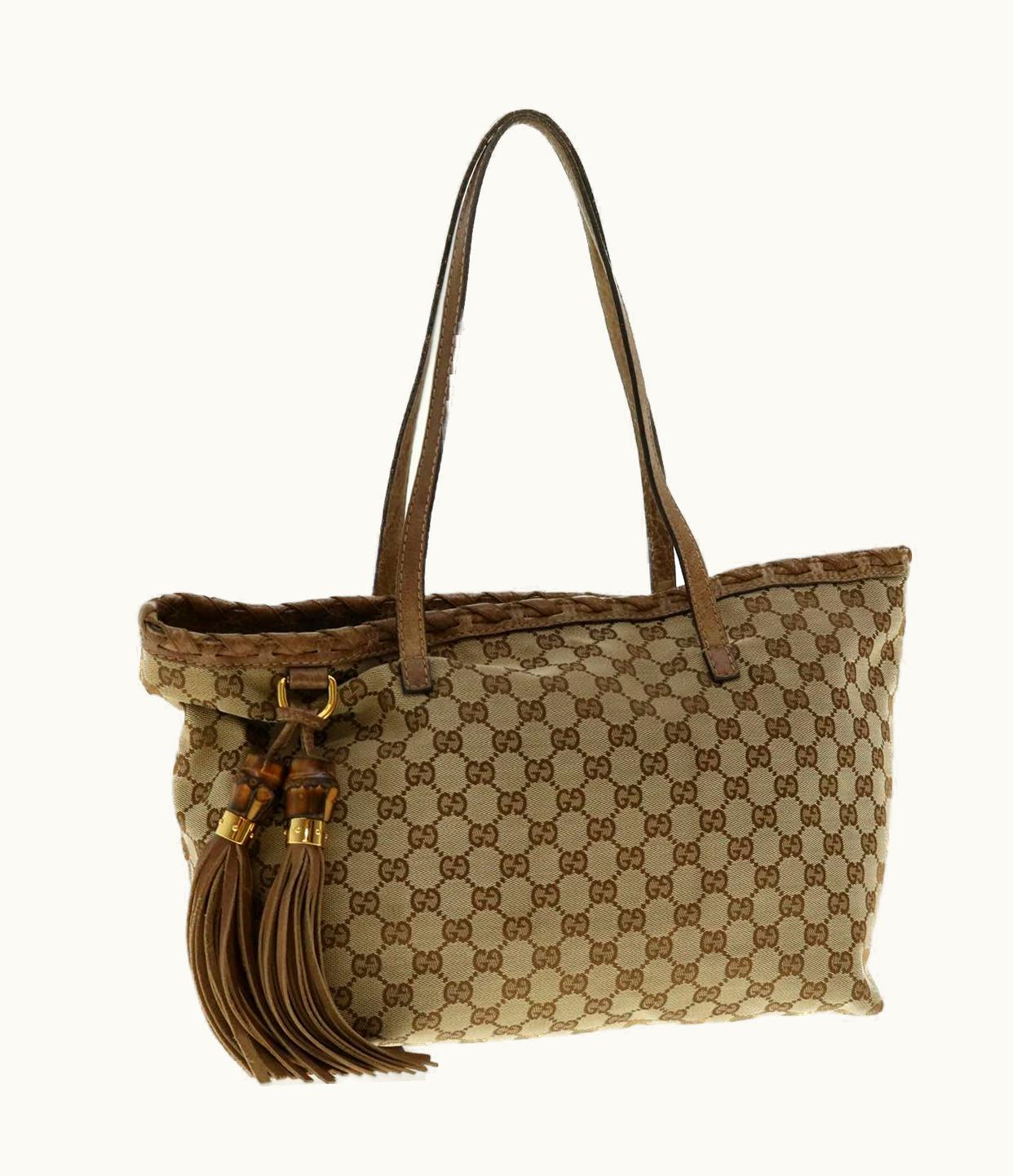 Gucci Gucci GG Canvas Fringe Bamboo Tote Bag Beige Brown 218780