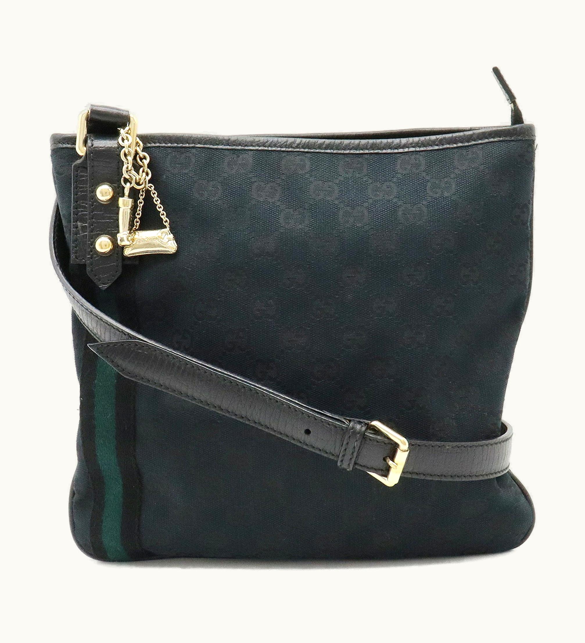 Gucci Gucci GG Canvas Sherry Line Shoulder Bag Leather Black Green 144388