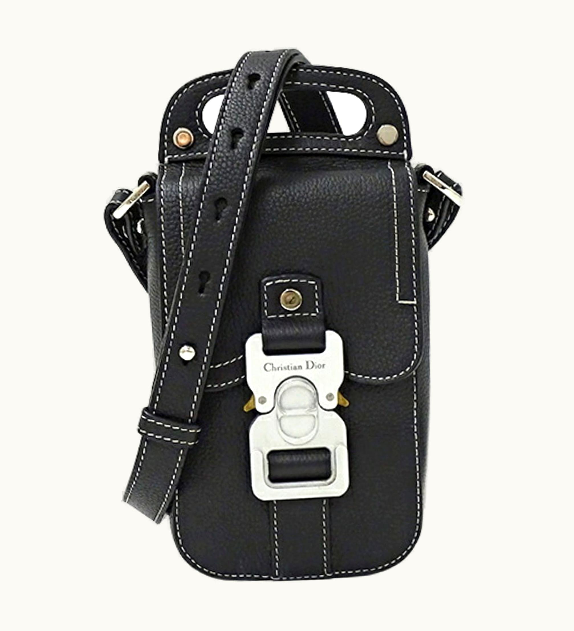 Dior Dior Christian Dior Bag Men's Shoulder Pouch Leather Saddle Vertical Black Micro