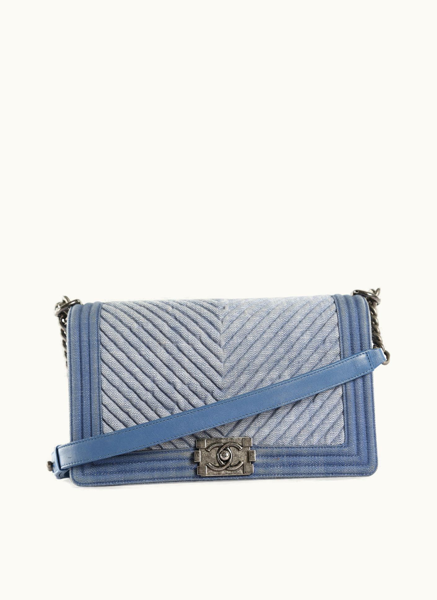 Chanel Chanel Blue Chevron Quilted Denim With Aged Silver Hardware Medium Boy Bag