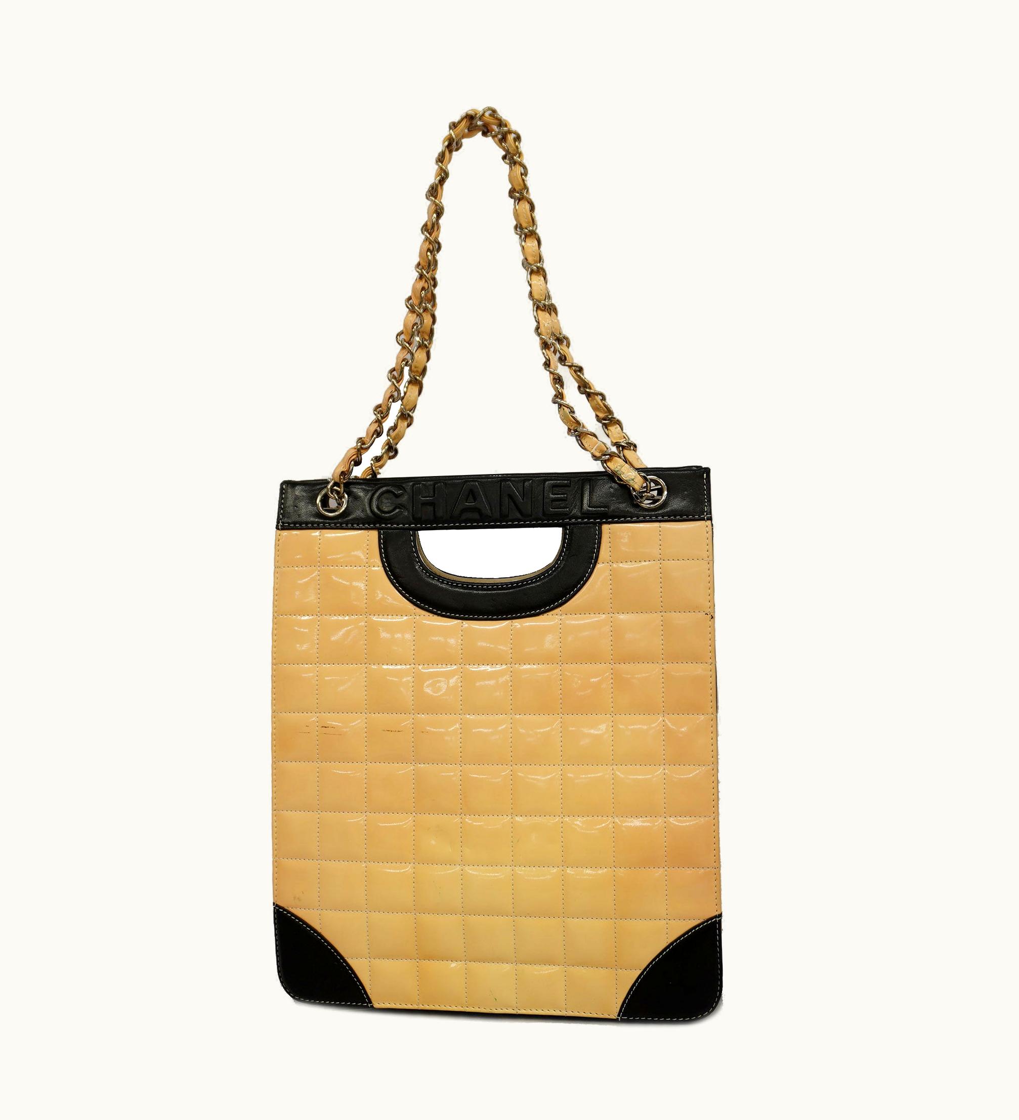 Chanel Chanel Chocolate Bar Chain Shoulder Women's Patent Leather Beige, Black