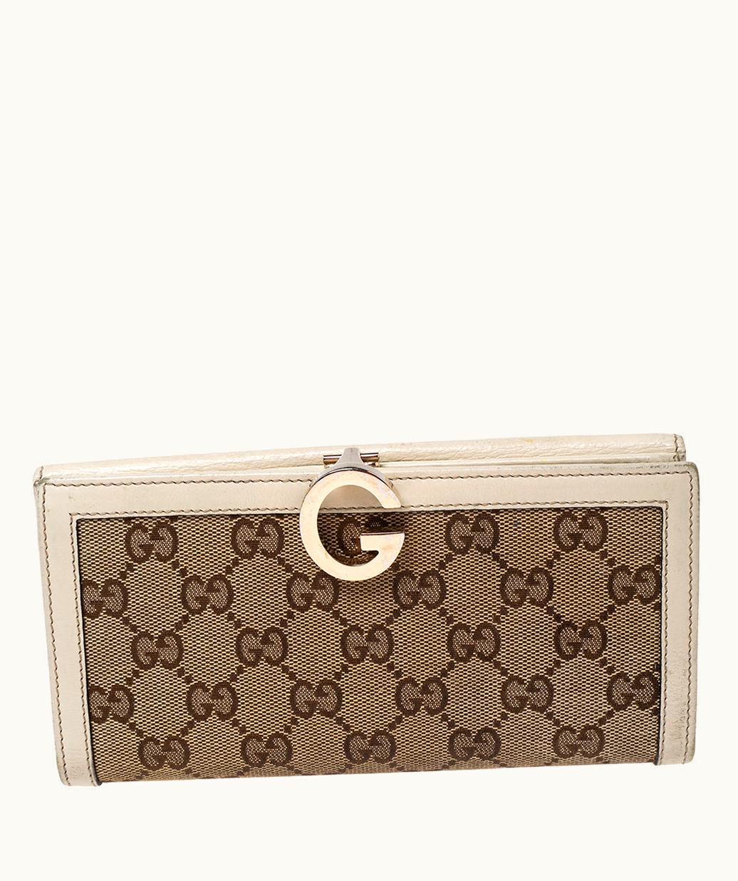 Gucci Gucci White/Beige GG Canvas And Leather G Bit Flap Continental Wallet