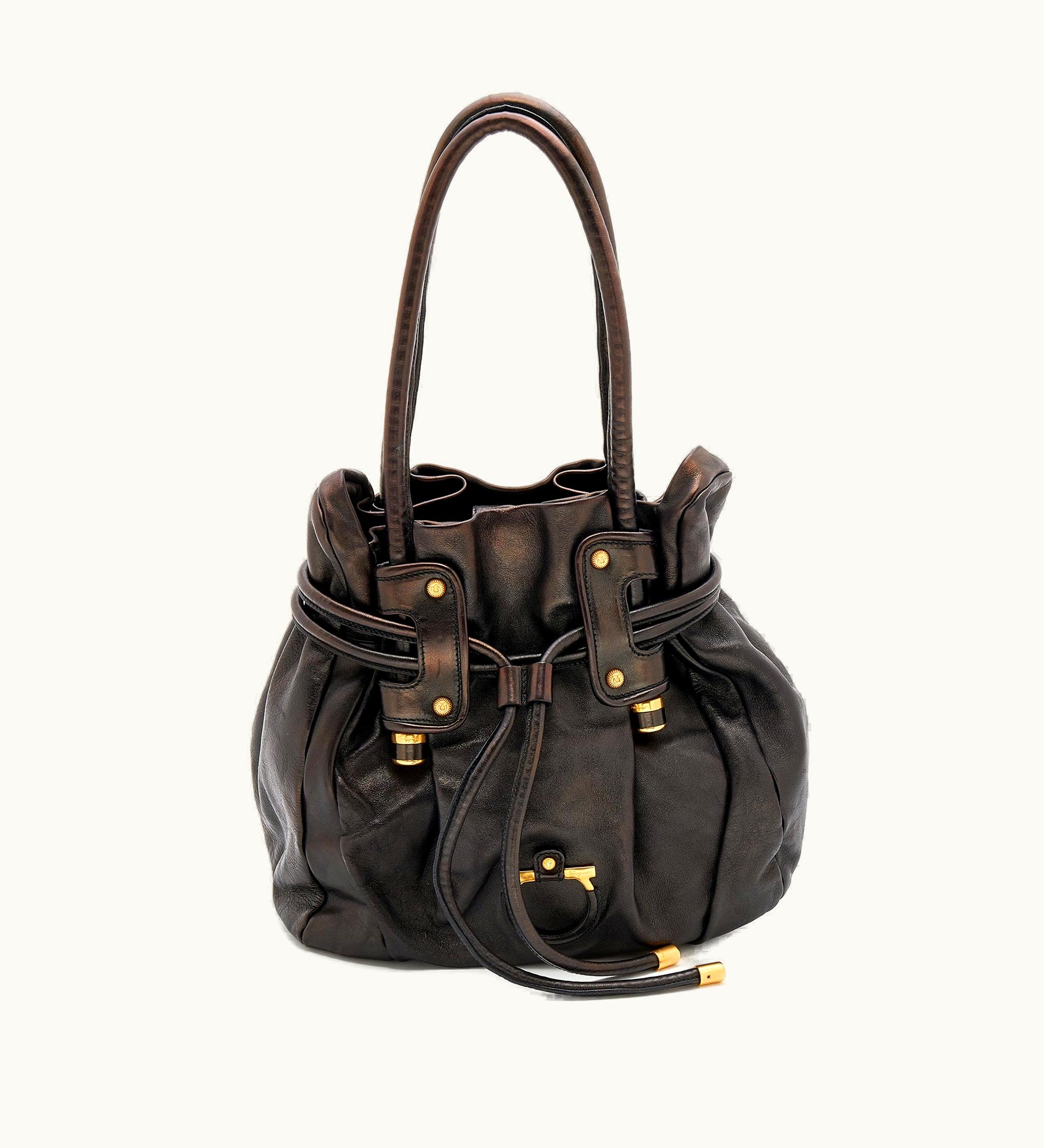 Salvatore Ferragamo Salvatore Ferragamo Dark Brown Leather Drawstring Hobo