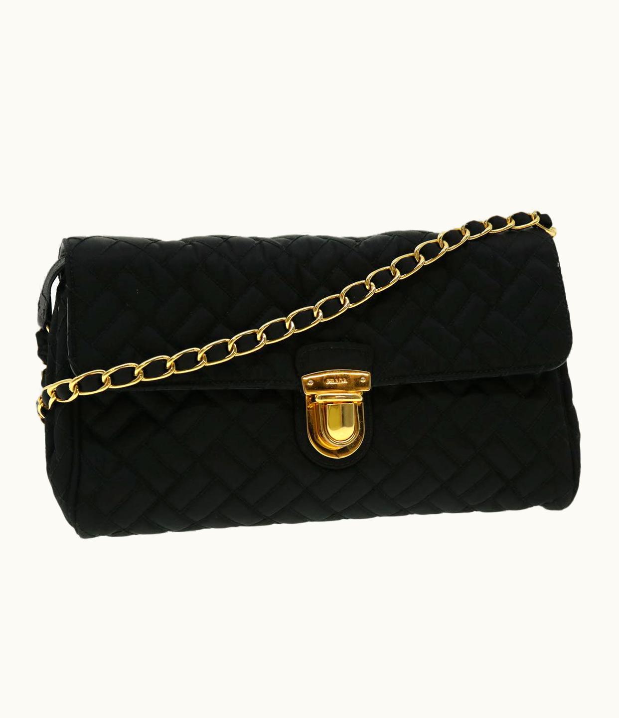 Prada Prada Chain Shoulder Bag Nylon Black Gold