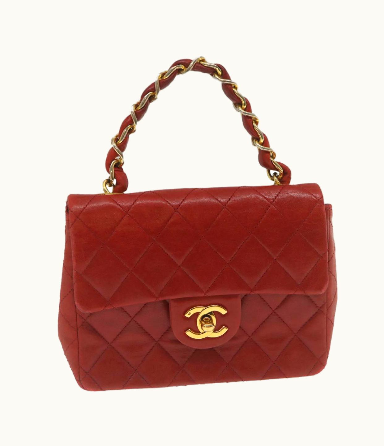 Chanel Chanel Mini Matelasse Chain Flap Hand Bag Lamb Skin Red Gold CC